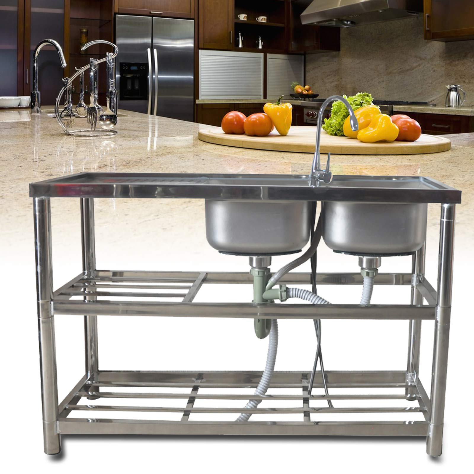 Commercial Stainless Steel Kitchen Sink with Faucet & Drainer - Double-Layer Bracket Workbench for Catering & Restaurant Use - Heavy Duty Food Prep, Dishwashing & Commercial Kitchen Utility