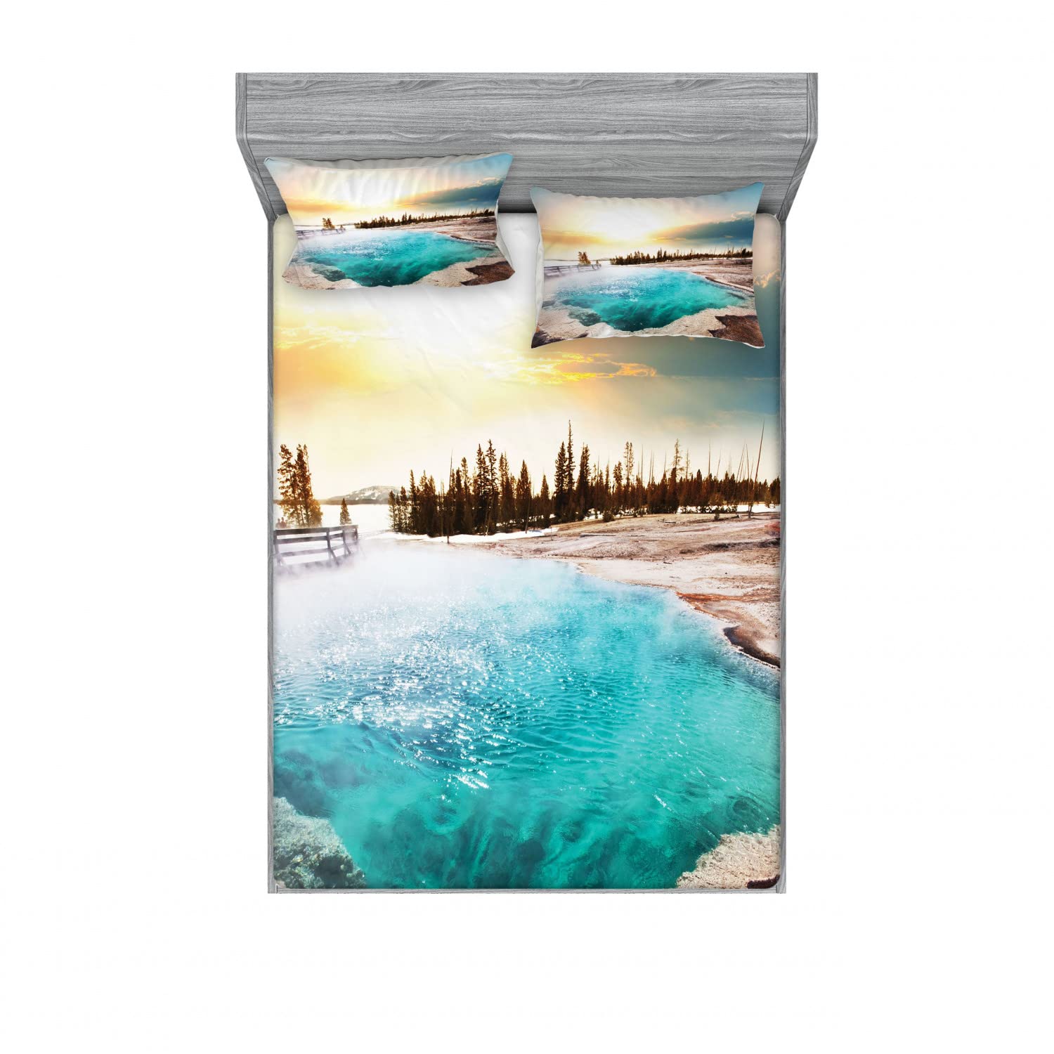 Ambesonne Yellowstone National Park 2-Piece Queen Fitted Sheet Set with 4 Pillow Shams - Earth Tone Turquoise Bedding Decor for Cozy Bedroom & Guest Room