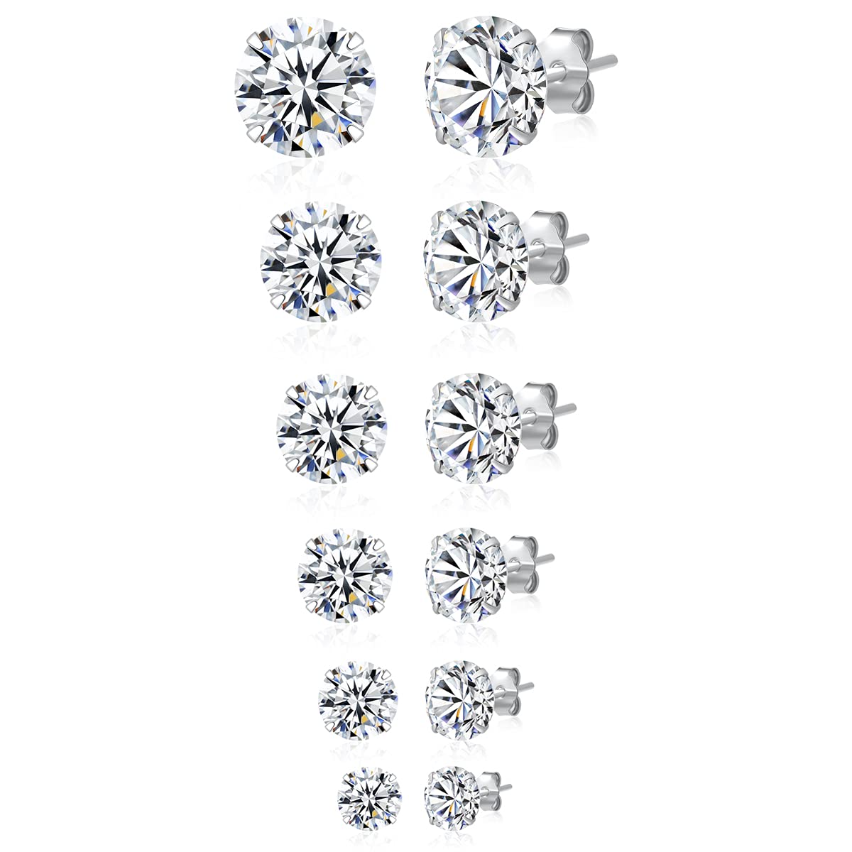 925 Sterling Silver Stud Earrings Set - 6 Pairs (3mm-8mm) Cubic Zirconia CZ Earrings for Men & Women | Hypoallergenic Multipack for Multiple Piercings | Perfect for Everyday Wear, Gifts & Special Occasions