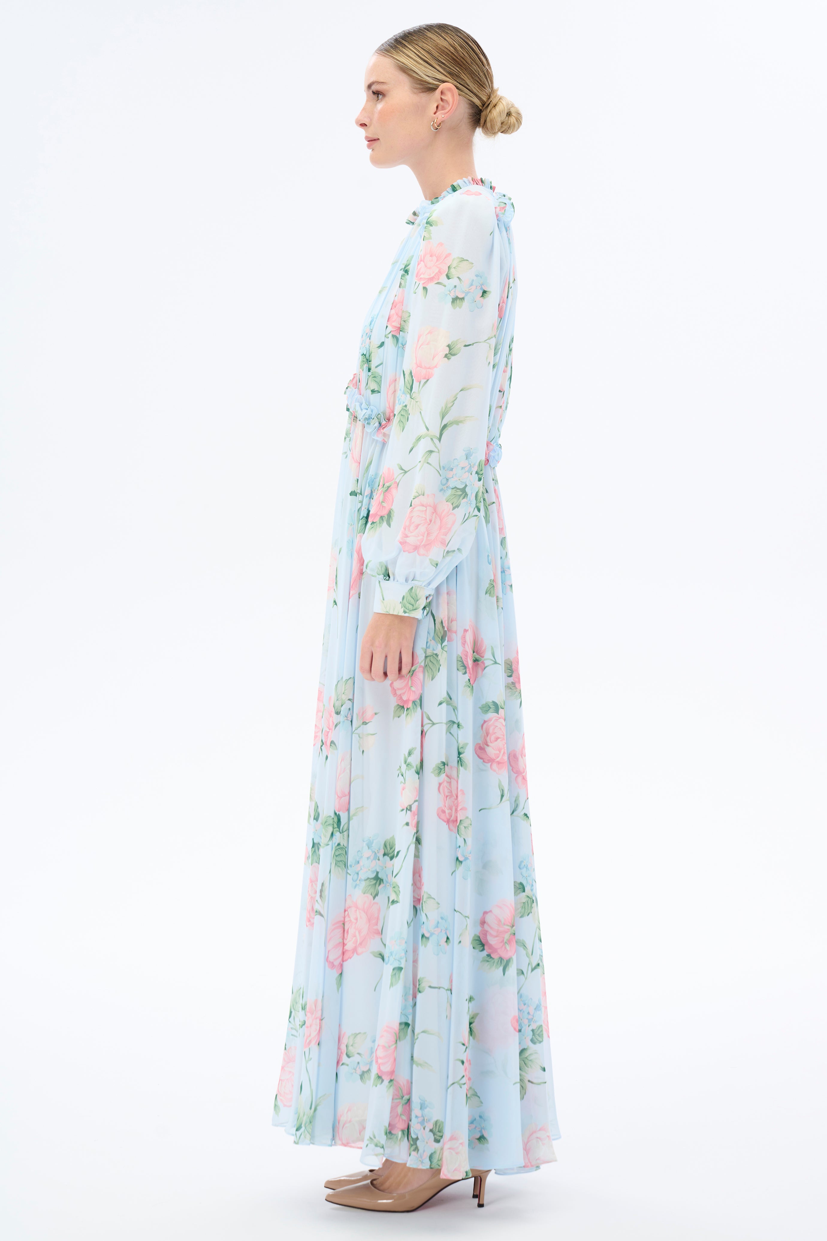 Elegant Floral Long Sleeve Maxi Dress for Women | Boho Chic Morning Blues Dress | Perfect for Spring Weddings, Beach Vacations & Date Nights
