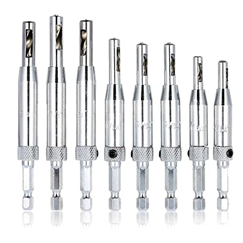 8pcs Self-Centering Hinge Drill Bit Set for Wood Hinges & Drawers - 7 Size Hole Diameter, Round Shank, Silver (Perfect for Cabinet Installation & Furniture Making)
