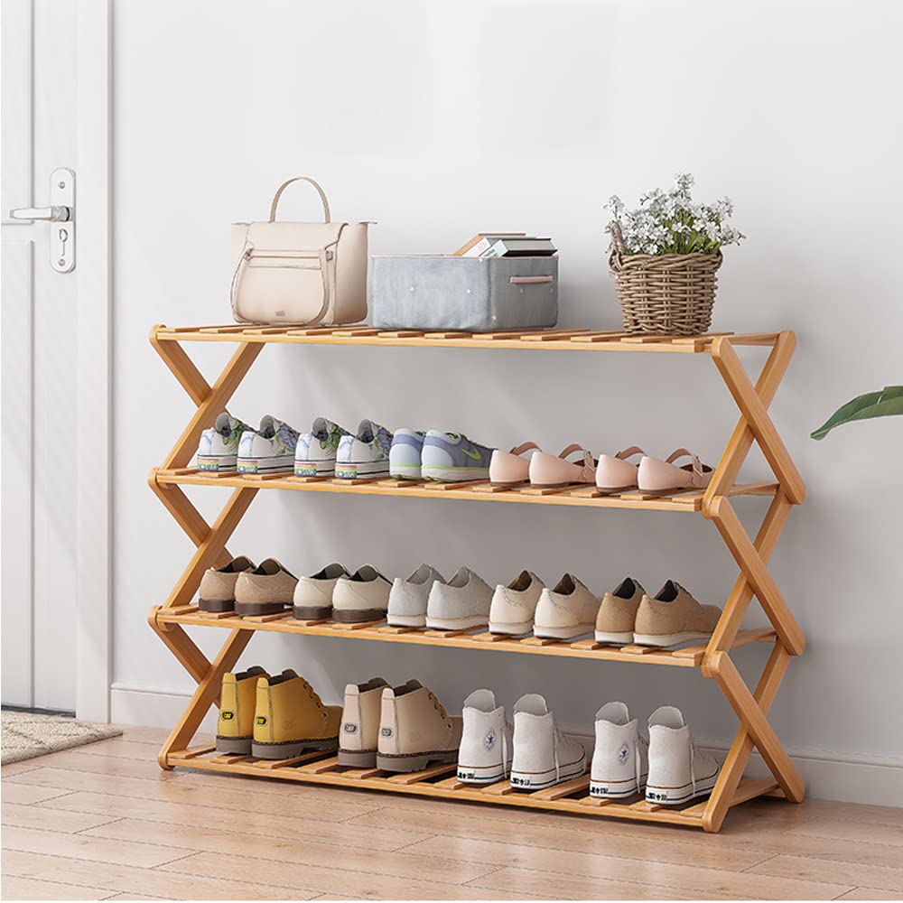 4-Tier Bamboo Shoe Rack - Foldable Free Standing Shoe Shelf for Entryway, Hallway, Bathroom, Living Room & Bedroom | Space-Saving Shoe Storage Organizer | Perfect for Small Apartments, Dorms and Closets