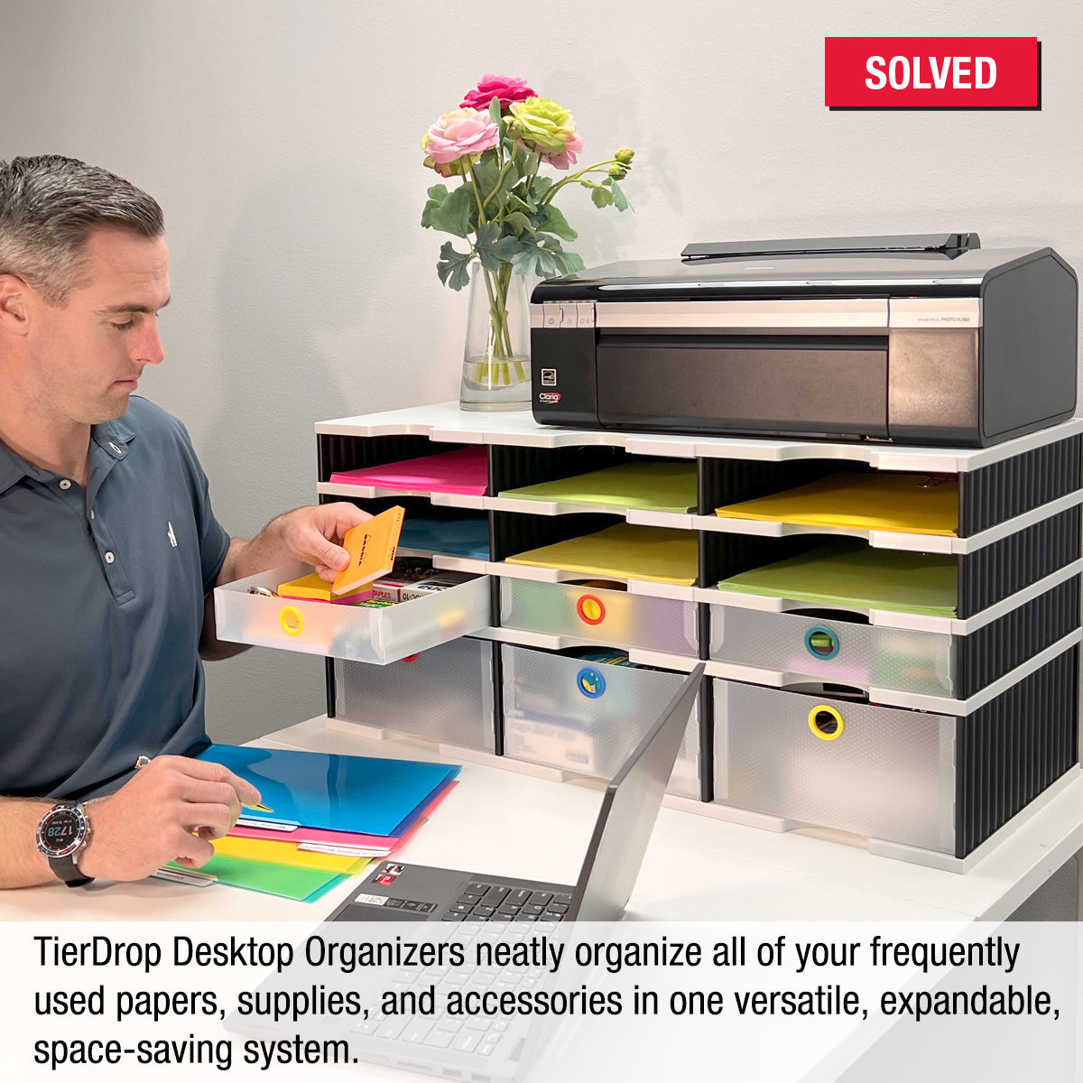 9-Tier Desktop Organizer with Letter Tray Sorter & Riser Base - 3 Supply Drawers + 3 Storage Drawers | TierDrop™ PLUS Space-Saving Document & Office Supply Organizer | Perfect for Home Office, Workstation & School Desk Organization
