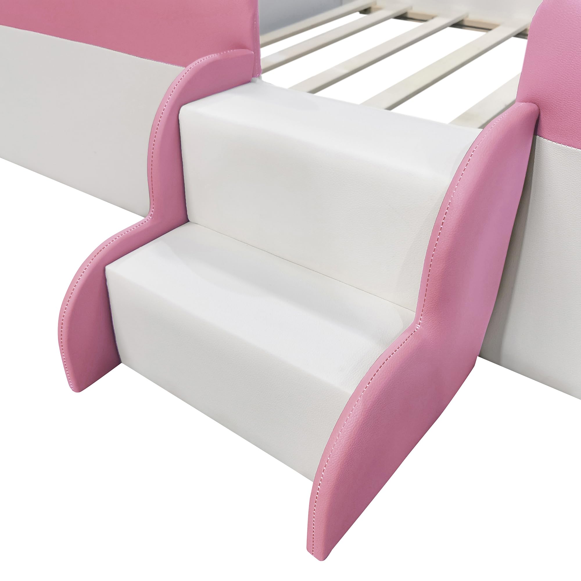 Montessori Full Size Floor Bed with Safety Fence & Stairs - PU Upholstered Kids Bed with Wooden Slats - Toddler Bed for Boys & Girls (Pink & White) - Perfect for Montessori Rooms, Daycare Centers & Safe Toddler Sleeping Spaces