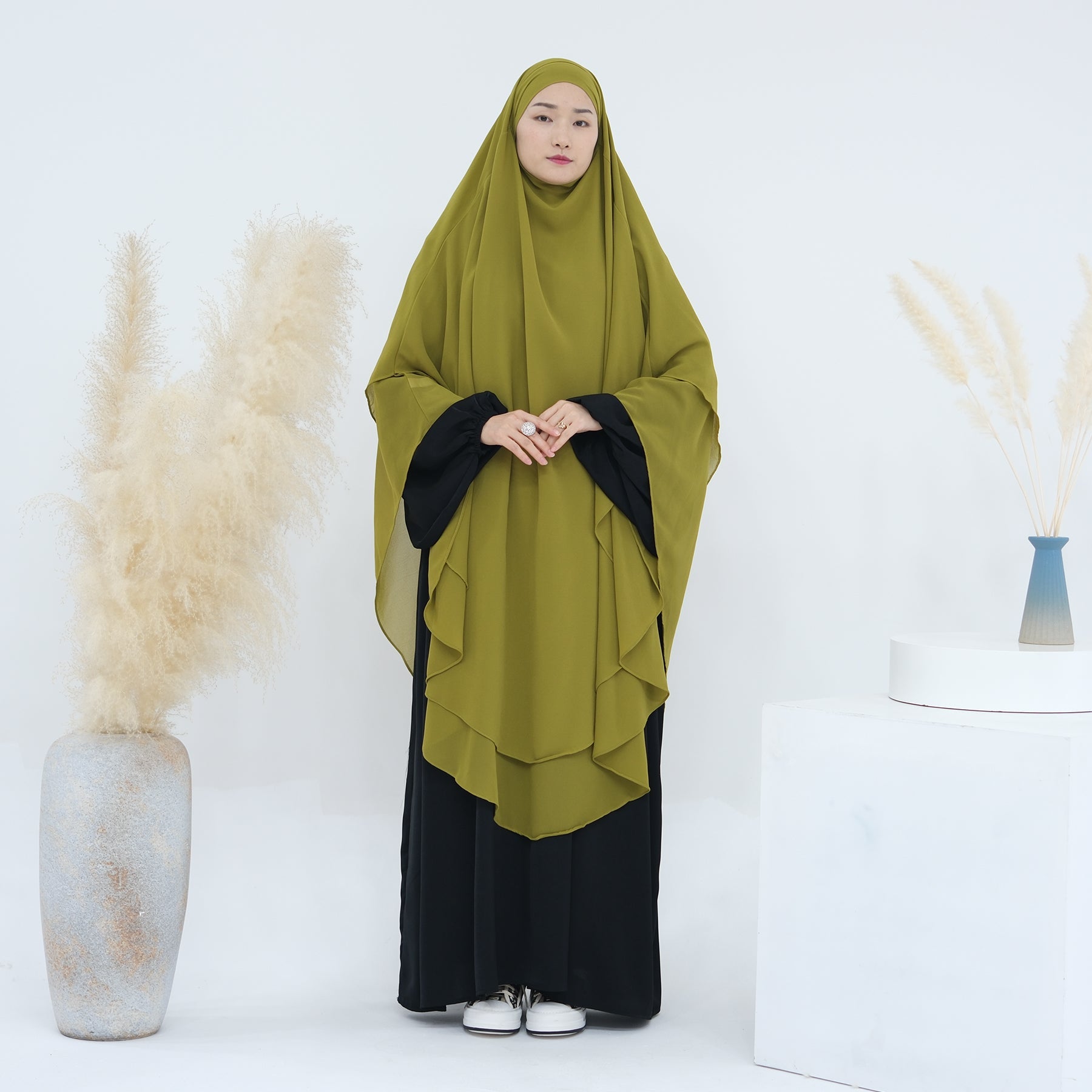 2 Layer Maxi Chiffon Khimar Scarf - Lemon Yellow Muslim Prayer Hijab Shawl for Women, Perfect for Daily Wear, Prayer & Special Occasions