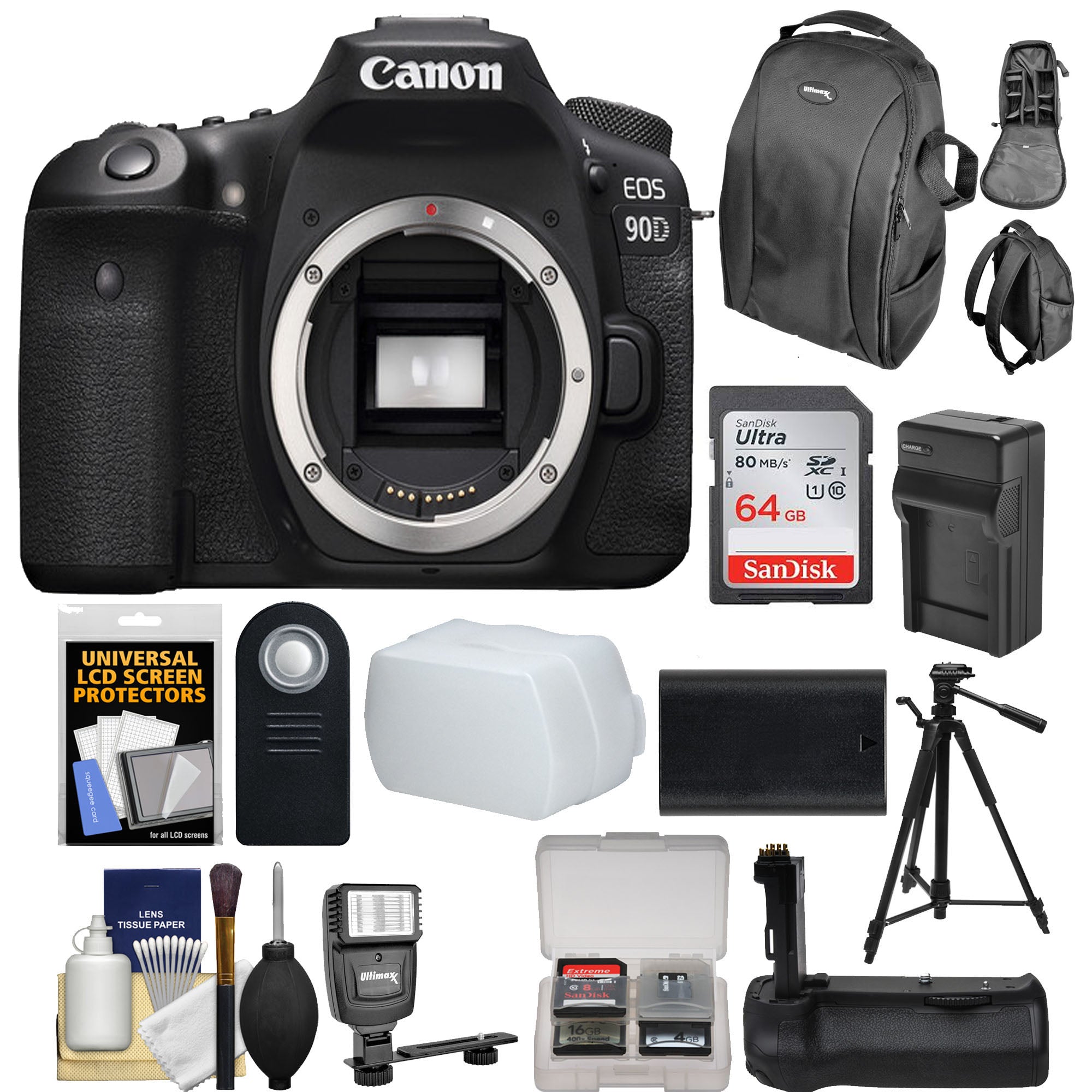 Canon EOS 90D DSLR Camera Body Only with SanDisk 64GB Memory Card, Battery Grip & Accessories Kit - Professional Photography for Travel, Portraits & Action Shots