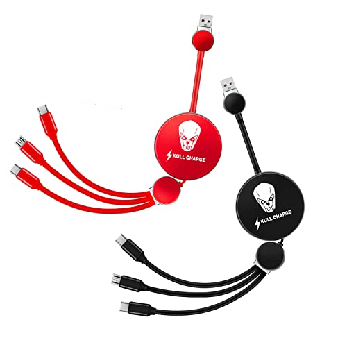 SKULL CHARGE 3-in-1 Retractable Charging Cable - 5A Fast Charging Sync Cable for iPhone, Type-C & Micro-USB - Portable Tangle-Free Phone Charger for Travel, Home & Office (Red)
