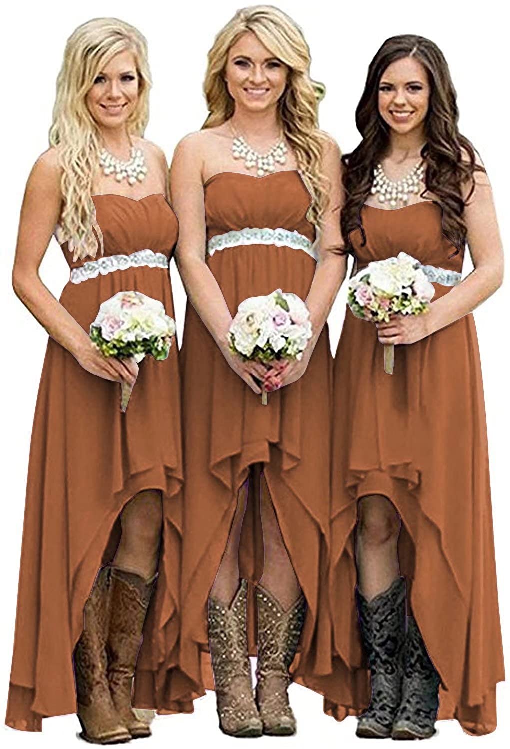 Elegant Homdor Women's Chiffon High-Low Bridesmaid Dress - Strapless Country Junior Wedding Party Gown with Belt - Perfect for Bridal Showers, Beach Weddings & Formal Events