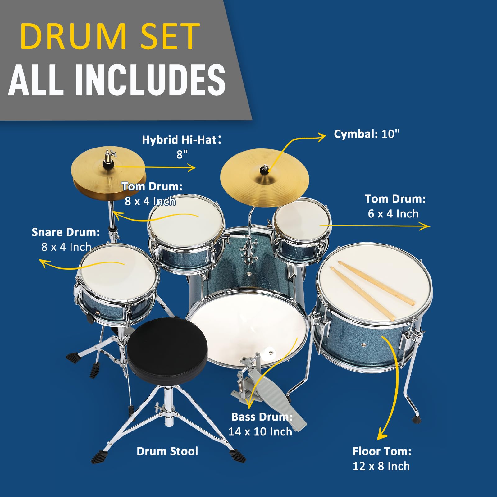 Ktaxon 5-Piece Complete Junior Drum Set - 14 Inch Kids Drum Kit with Throne Stool, Pedal & Drumsticks - Beginner Musical Instrument with Cymbal, Hi-Hat, Floor Tom & Snare Drum (Blue) - Perfect for Kids Music Lessons, Birthday Gifts & Home Practice