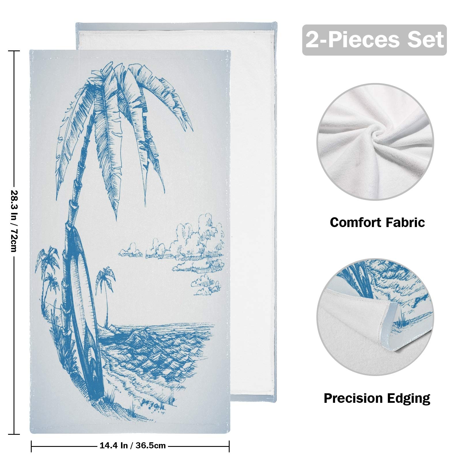 Premium 2-Piece Surfboard Palm Tree Hand Towels - Soft Absorbent Bath, Gym & Spa Towels (28.3