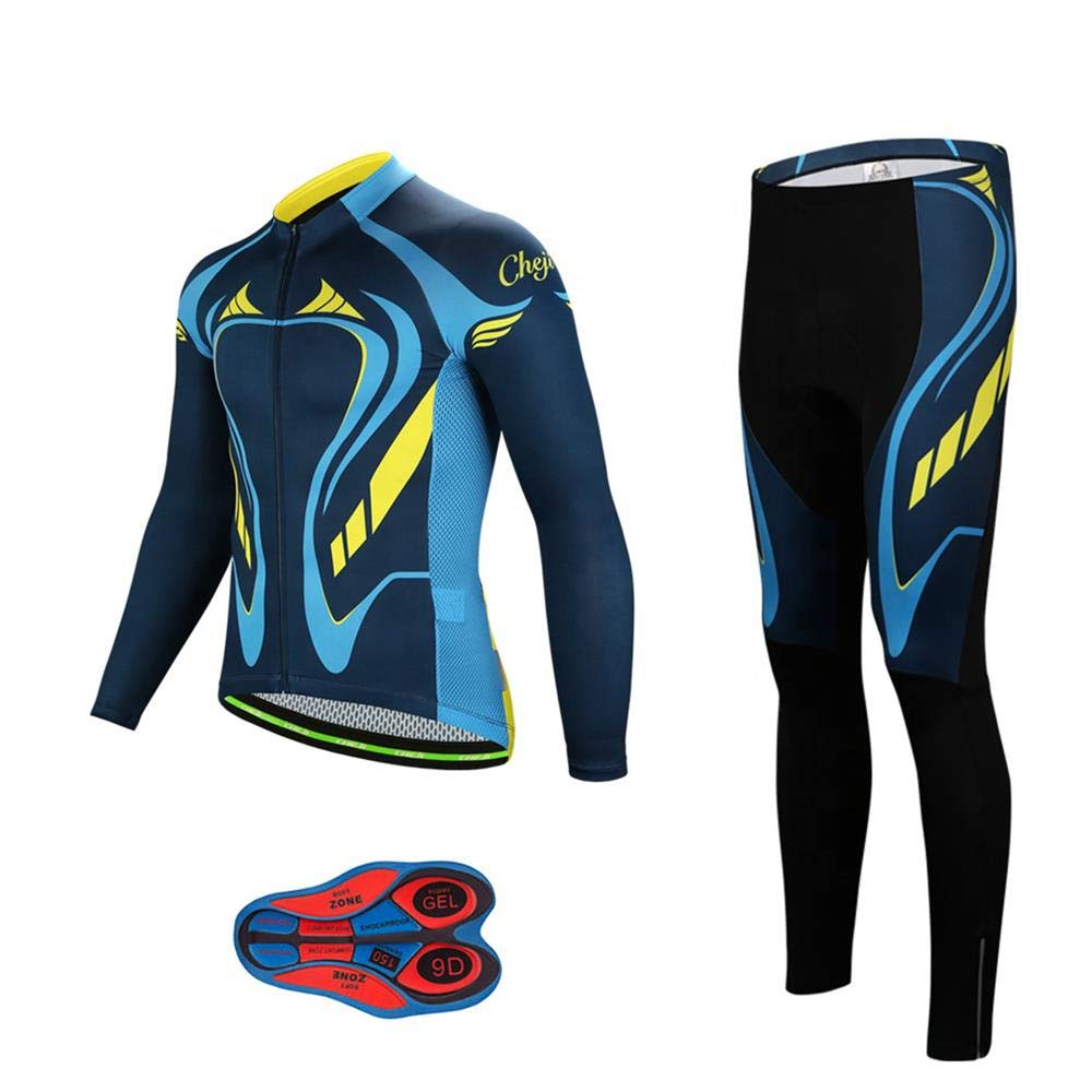 Men's Pro Cycling Jersey Set - Long Sleeve Quick Dry Bike Jacket & Bib Shorts with 9D Padding - Breathable Performance Cycling Outfit for Road Biking, Mountain Biking & Training