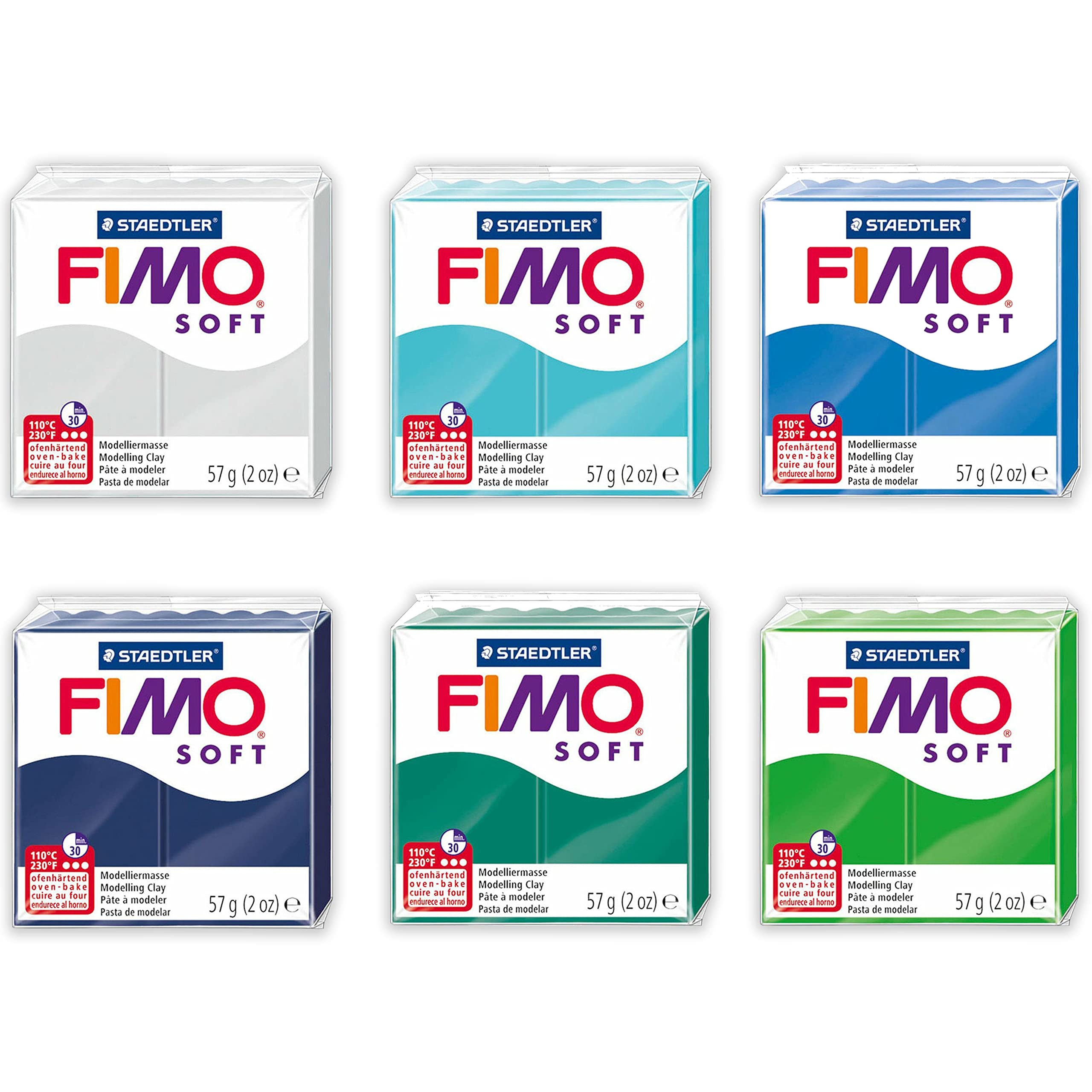 Staedtler FIMO Soft Polymer Oven-Bake Modeling Clay - 6-Piece Cool Tone Set for DIY Crafts, Jewelry Making & Home Decor