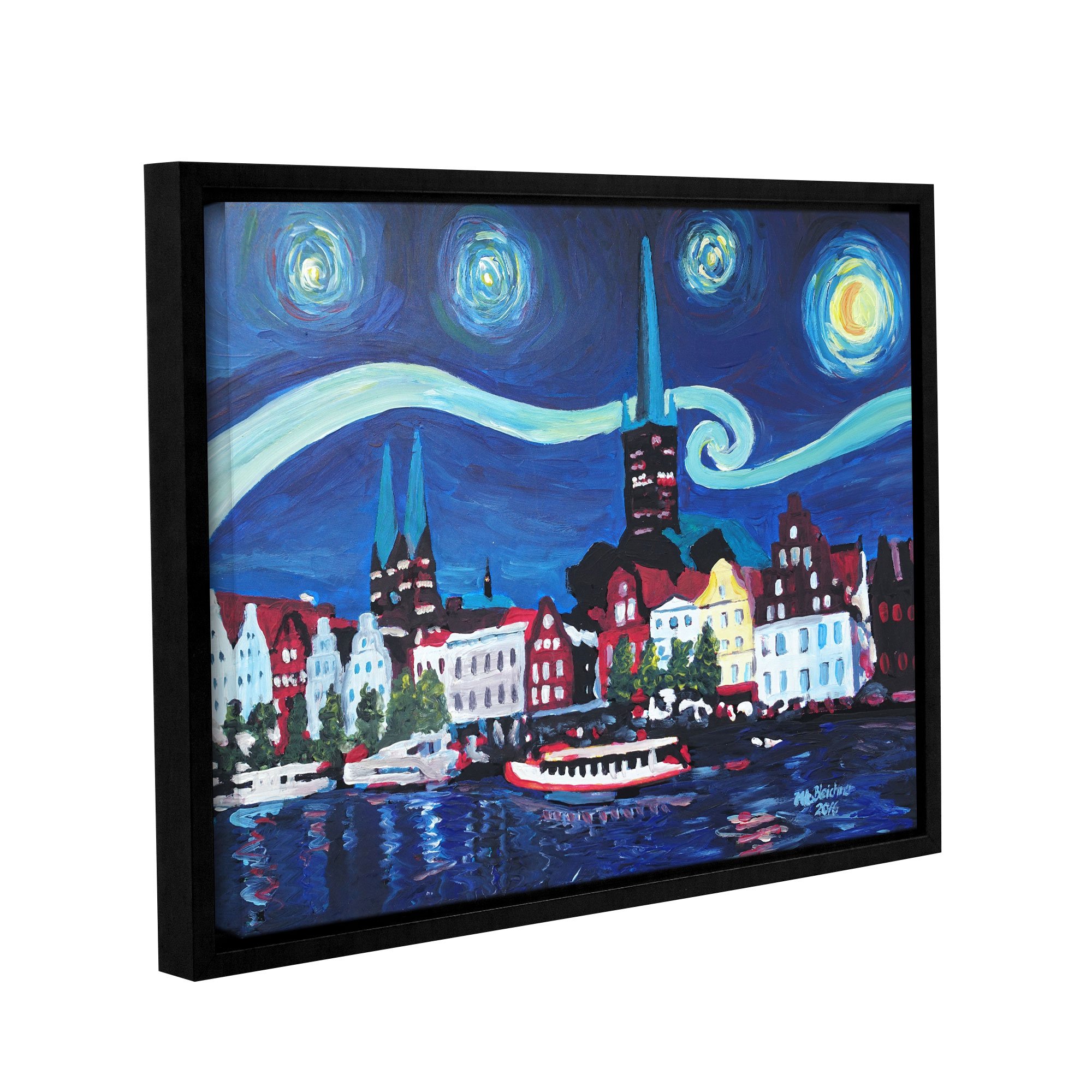Marcus Martina Bleichner Starry Night in Lübeck Germany Canvas Art - Van Gogh Inspired Gallery Wrapped Floater Framed Painting 36x48 Inches - Perfect for Living Room, Bedroom, or Office Wall Decor