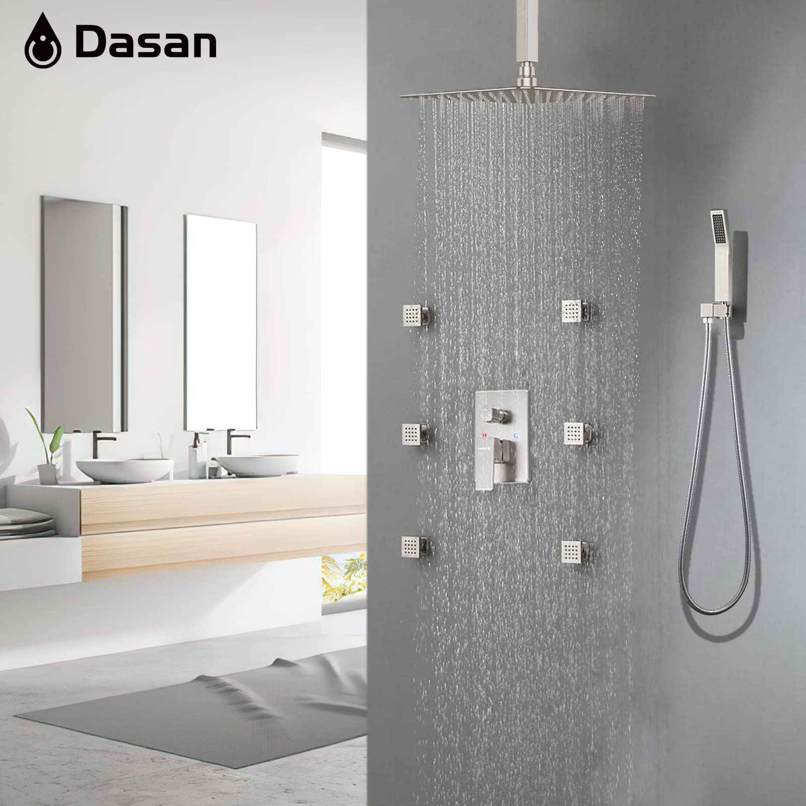 Premium DASAN Full Body Shower System - 6 Body Spray Jets, 12'' Rain Shower Head & Handheld Shower - Brushed Nickel Ceiling Mount Shower Faucet Set with Valve (SA-SS03ABN-S12C) - Perfect for Spa-Like Luxury Bathroom Experience