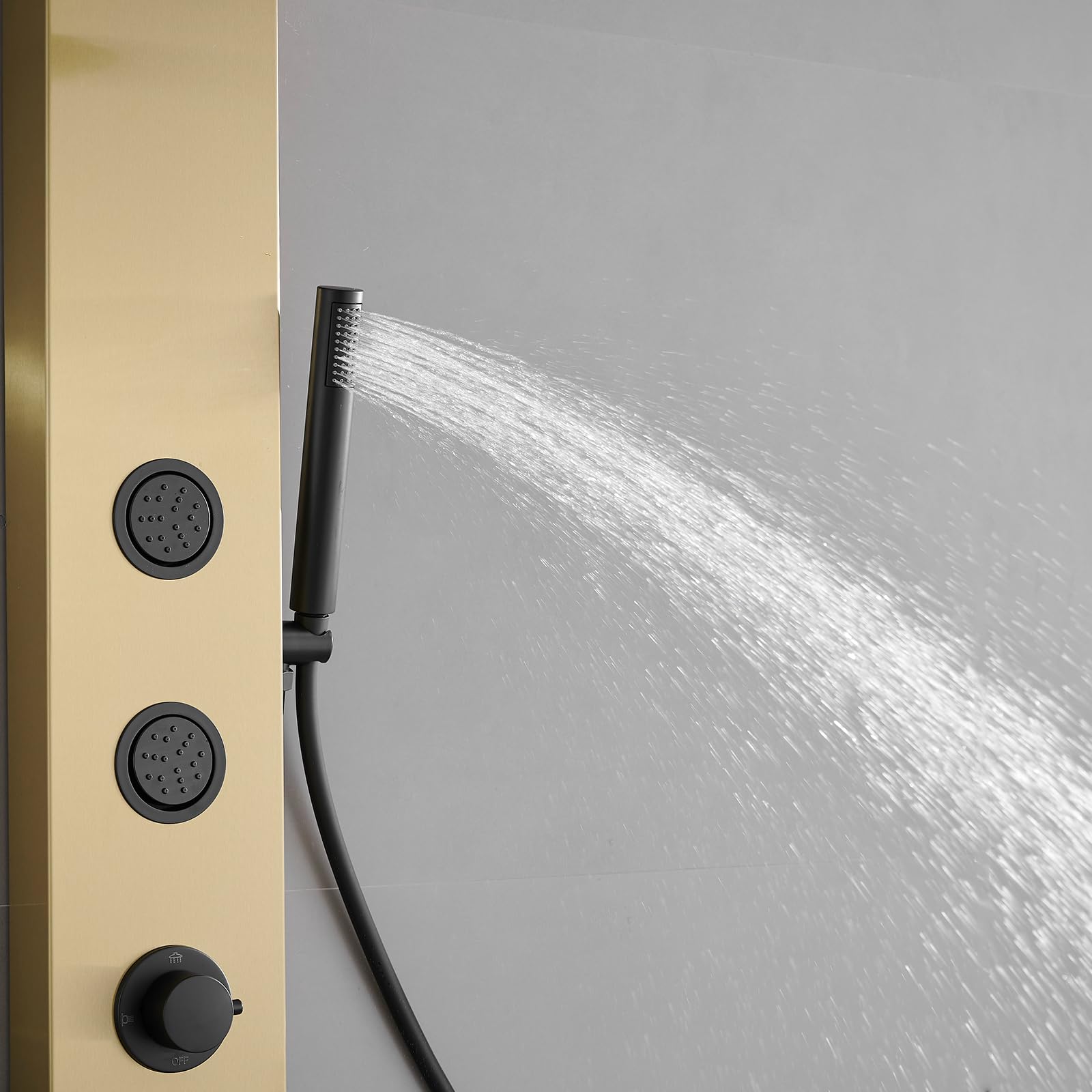 3 in 1 Stainless Steel Shower Panel Tower System - Adjustable Body Jets, Rainfall Shower Head & Handheld Shower - Brushed Gold Finish for Luxurious Bathroom Upgrade | Perfect for Master Bath, Spa-Like Experience & Modern Home Renovation
