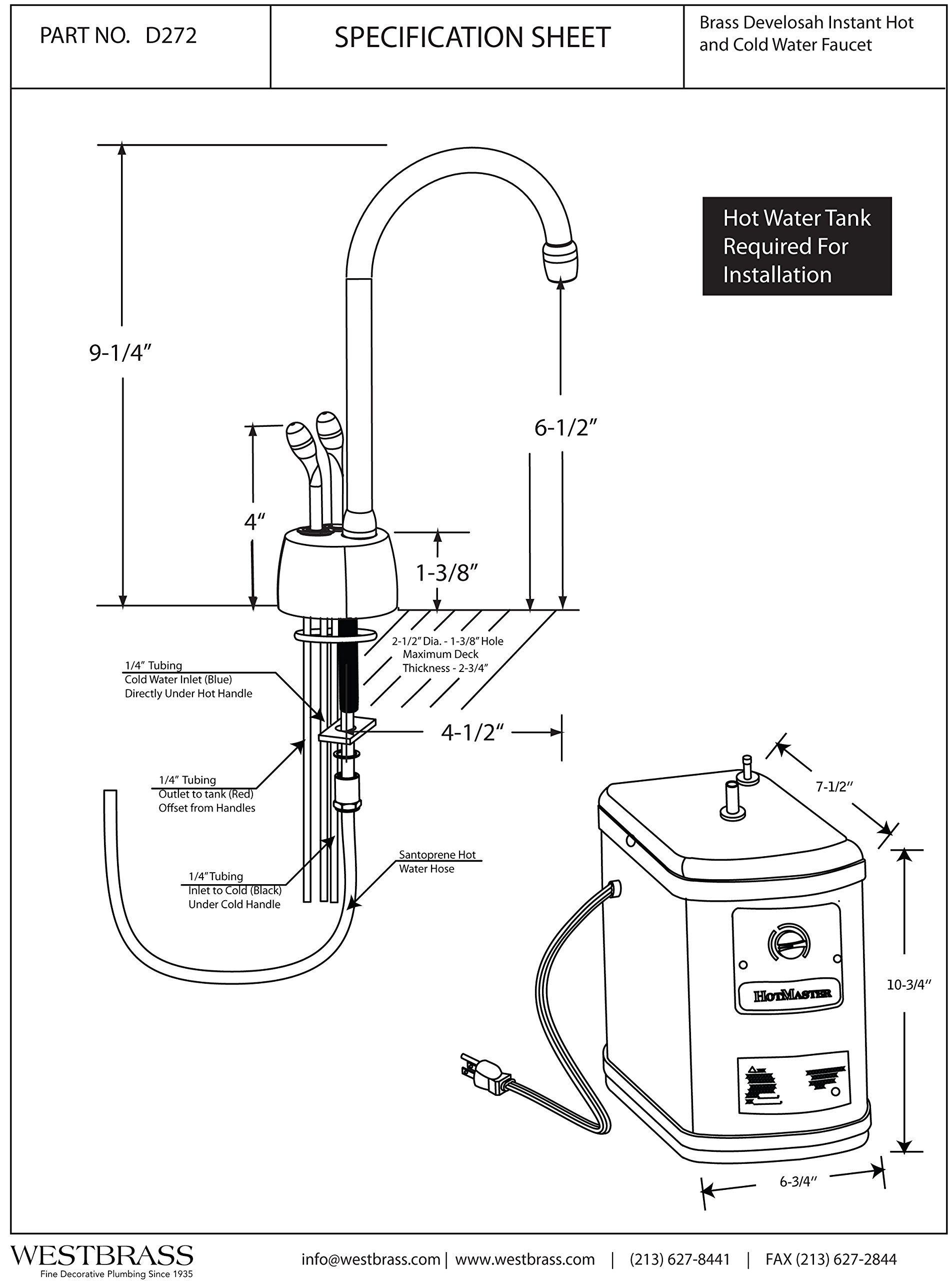 Westbrass D272H-20 Develosah 9-Inch 2-Handle Hot and Cold Water Dispenser with Instant Heating Tank, Stainless Steel Faucet - Perfect for Kitchen, Office, and Home Use
