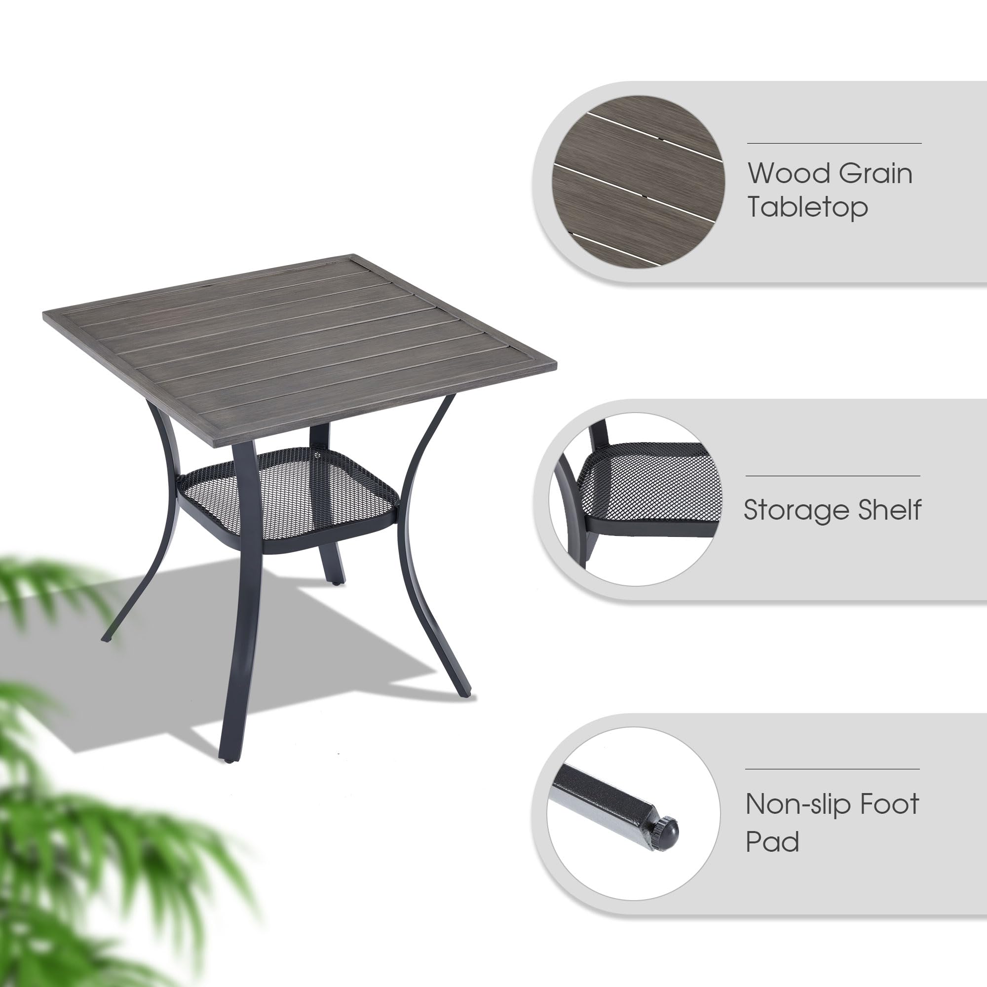 VICLLAX Small Square Metal Patio Dining Table for 2-4 People with Slatted Tabletop & Storage Shelf - Outdoor Garden, Front Porch, Lawn Furniture in Antique Grey (No Umbrella Hole) - Perfect for Backyard BBQs, Morning Coffee, and Small Space Dining