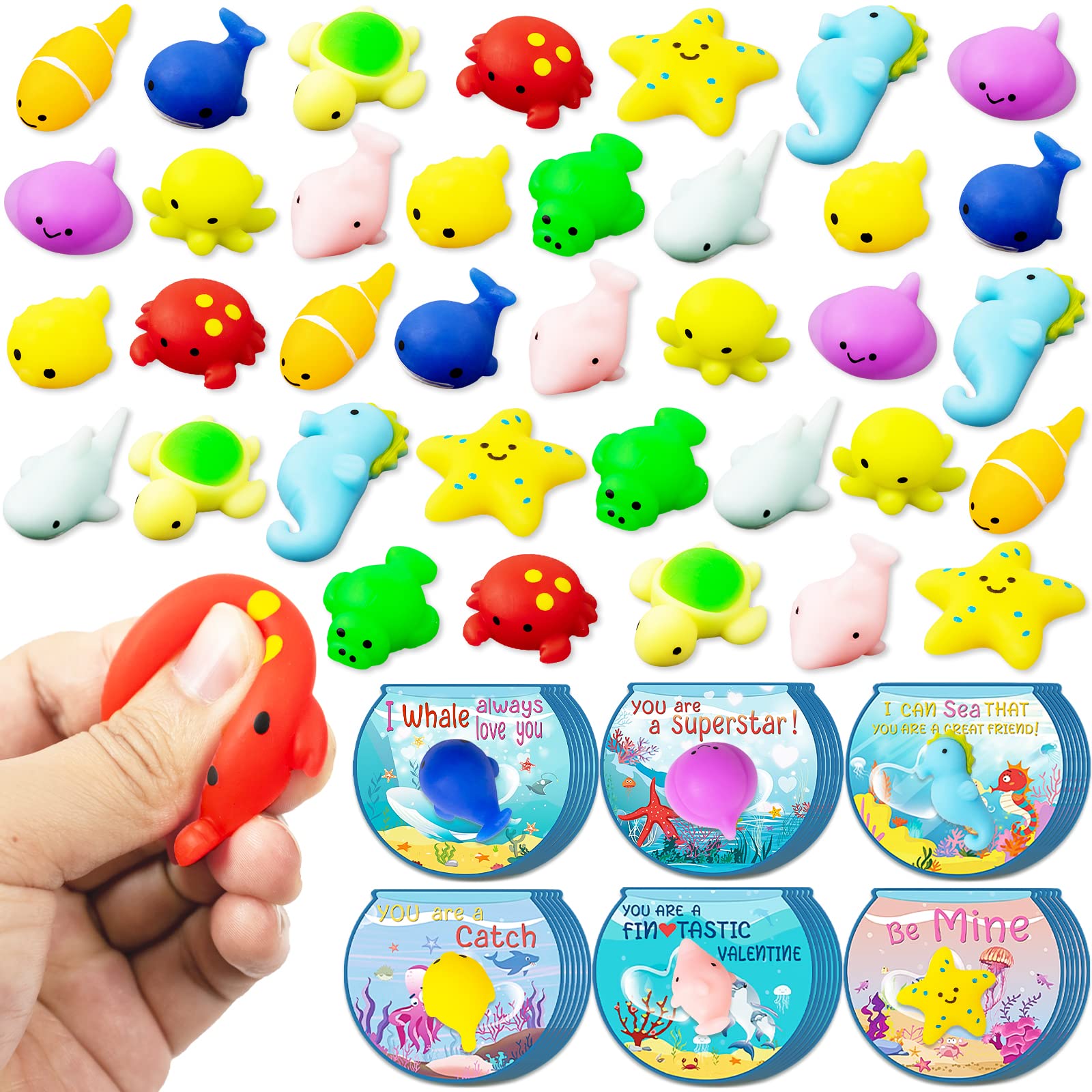 Valentine's Day Cards Gift Set with 36Pcs Sea Animal Mochi Squishy Toys for Kids - Classroom Exchange, Party Favors, School Activities & Toddler Valentine Gifts