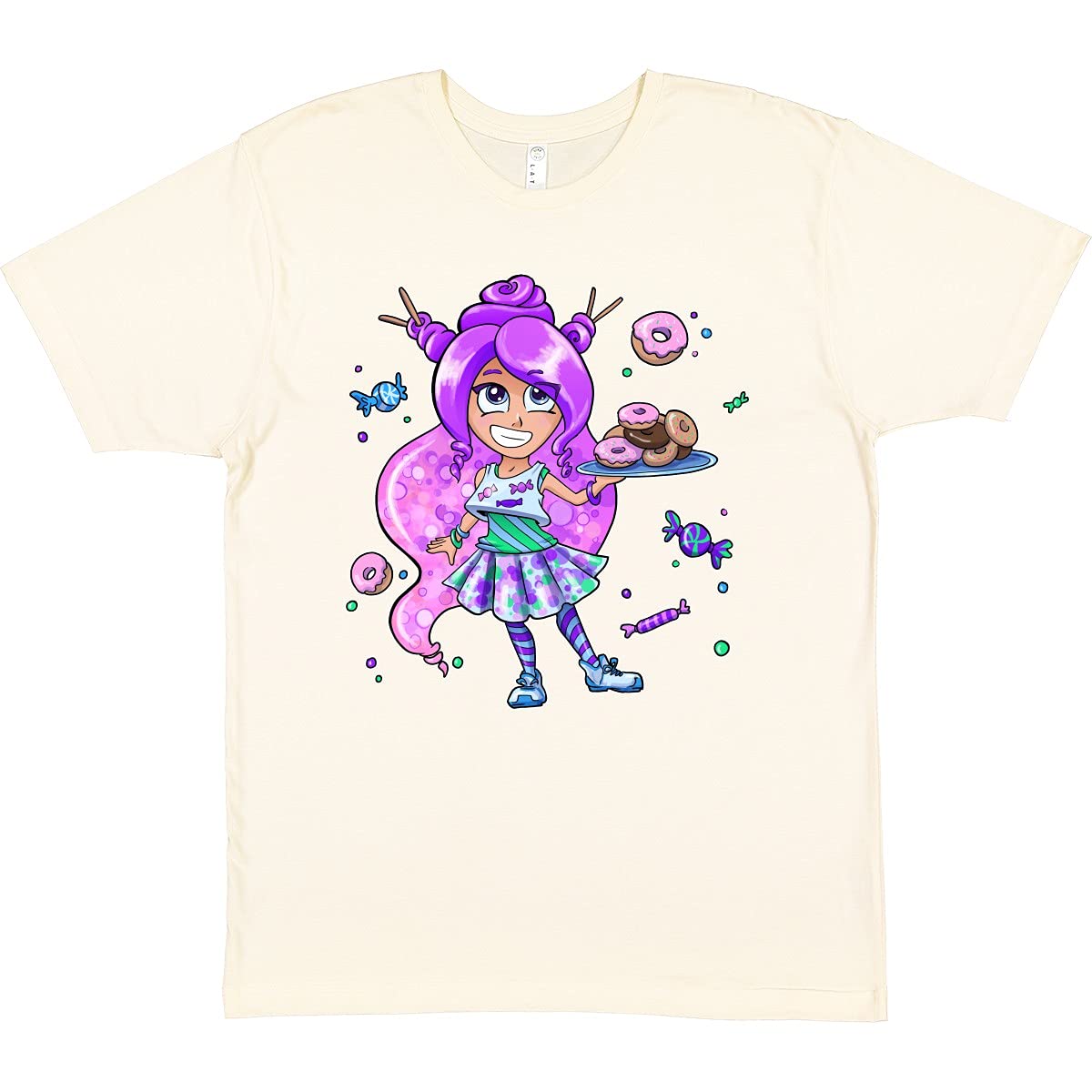 Inktastic Girl with Purple Hair Donuts and Candy Graphic T-Shirt - Fun Kawaii Fashion for Women & Teens - Perfect for Casual Wear, Birthday Gifts & Anime Lovers