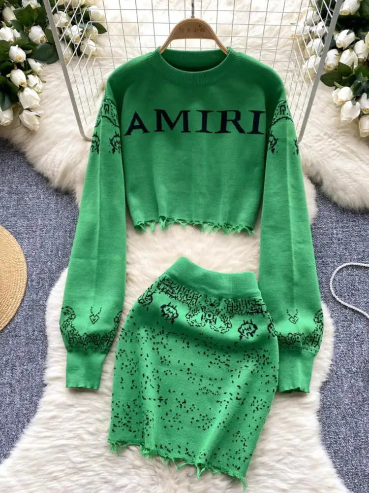 Women's Green & Red Patchwork Knit Sweater & High Waist Skirt Set - Long Sleeve Pullover & Short Skirt Outfit for Fall Winter Fashion | Perfect for Holiday Parties, Date Nights & Casual Wear