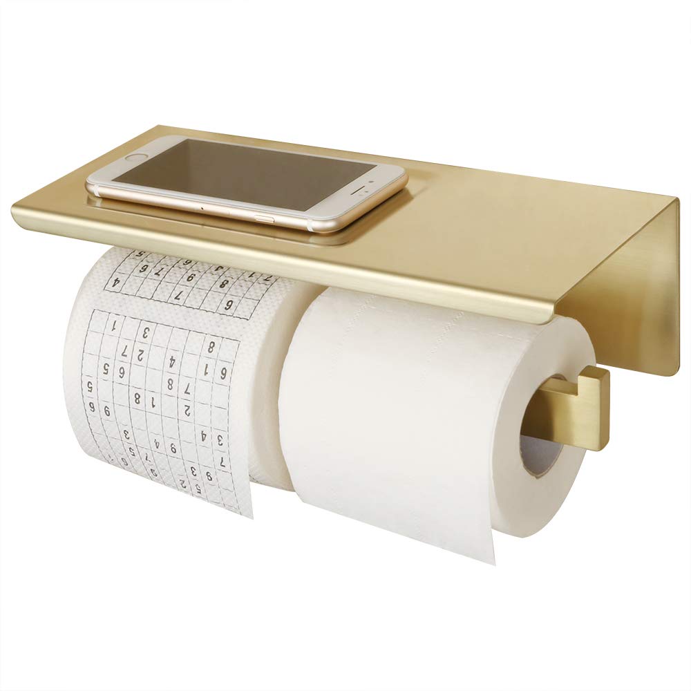 Stainless Steel Toilet Paper Holder with Shelf - Double Roll Bathroom Tissue Dispenser, Brushed Gold Finish, Wall Mount or Adhesive Installation - Perfect for Modern Bathrooms, Powder Rooms & RVs