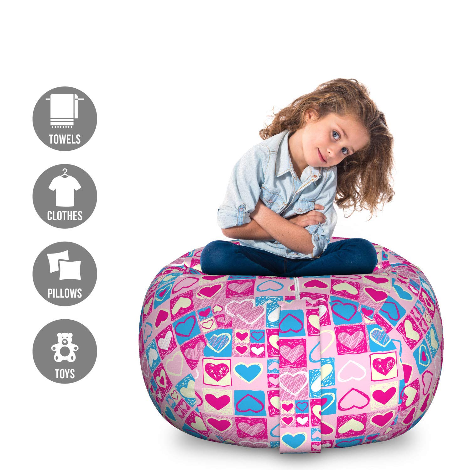 Ambesonne Love Storage Toy Bag Chair - Large Washable Stuffed Animal Organizer with Hearts Geometric Design in Blue Ivory Pink | Perfect for Kids' Room, Nursery, Playroom & Home Decor