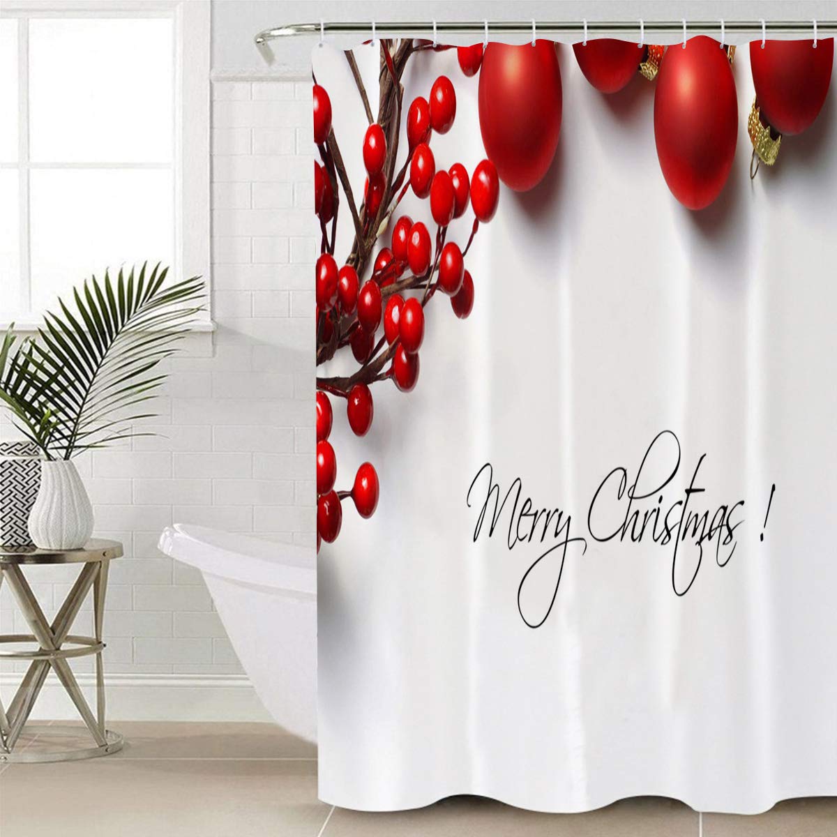 Waterproof Christmas Red Ball Shower Curtain Set with Hooks - 36x72 Inch Holiday Bathroom Decor for Bathtub & Shower - Perfect for Festive Home Decorations & Gift Giving