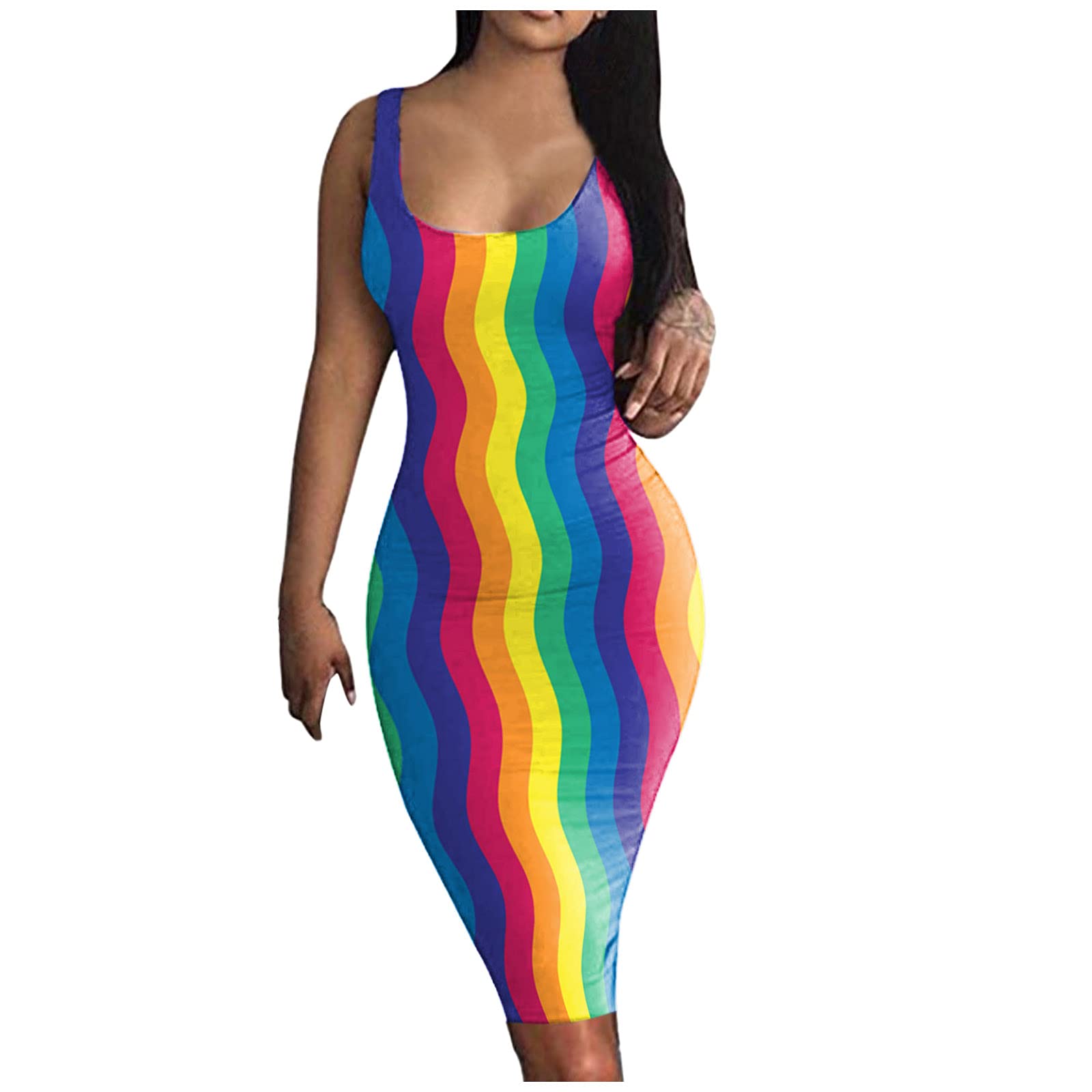 Women's Sexy Bodycon Tank Dress - Sleeveless Tie-Dye Midi Dress for Club, Party & Casual Wear | Tight Fitted Summer Dress for Night Out, Date Night & Vacation