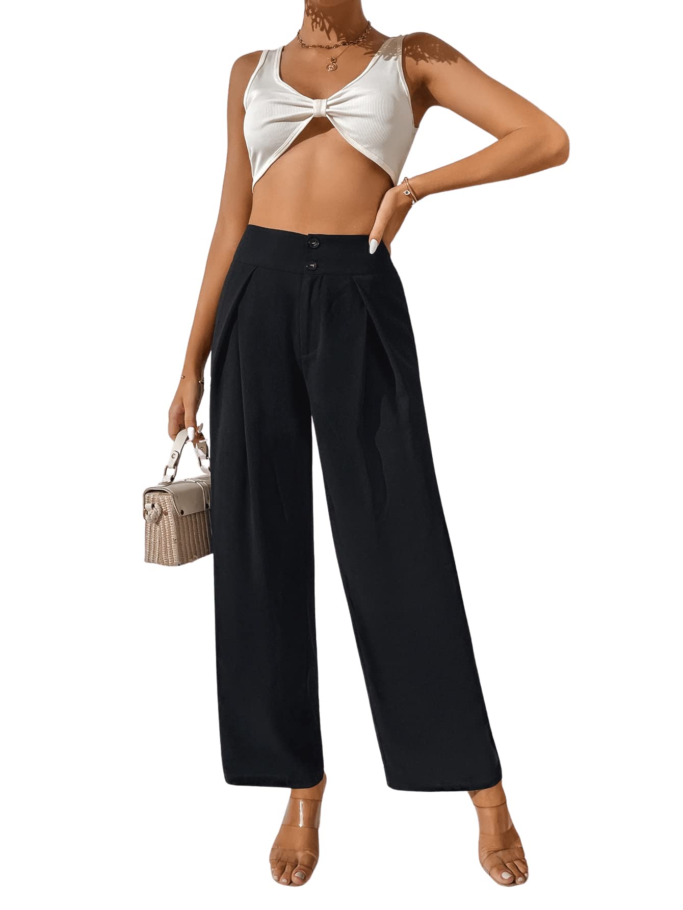 SweatyRocks Women's High Waist Casual Pants with Button & Zipper - Pleated Wide Leg Trousers for Work, Office & Everyday Wear