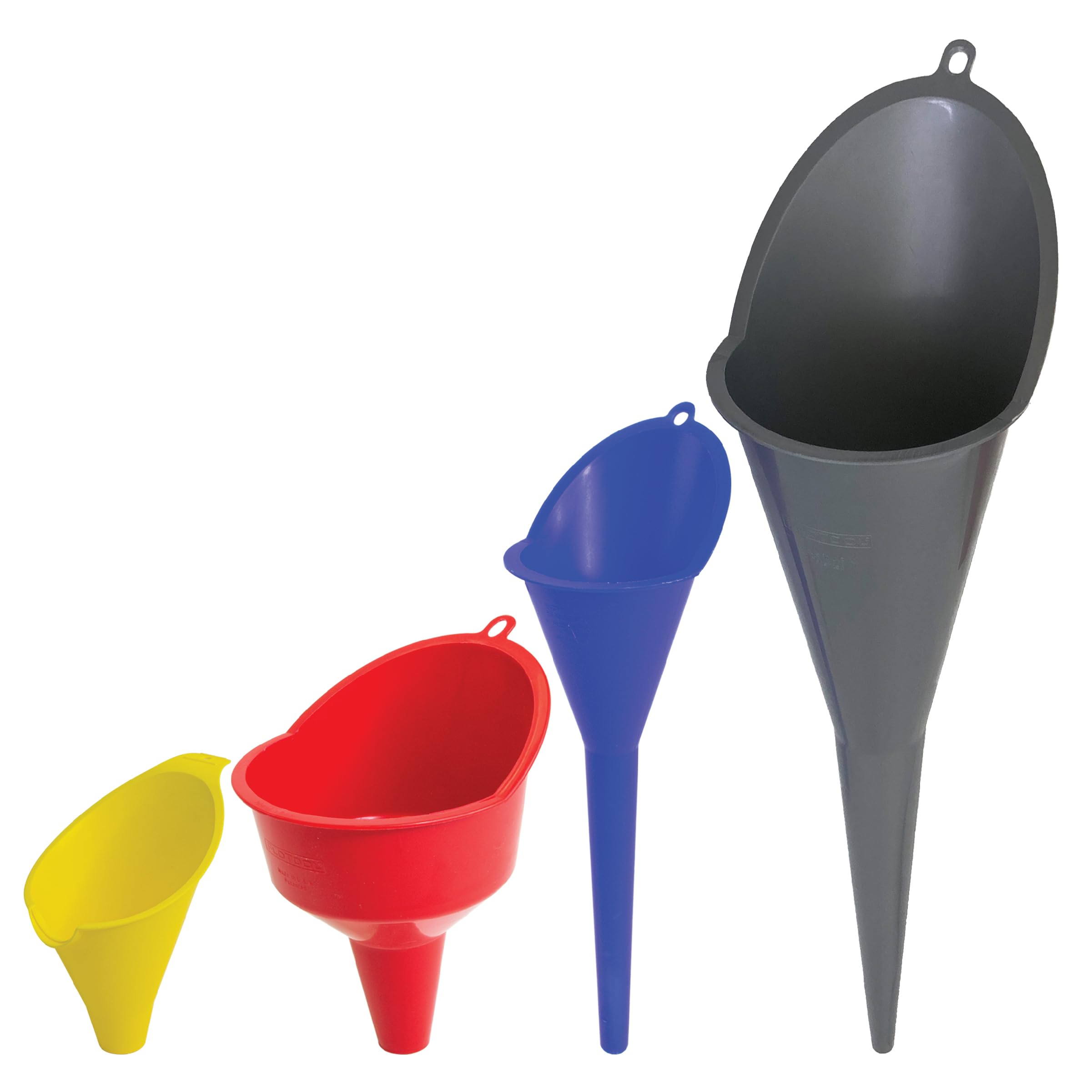 FloTool 10712MX4 Super Quad Funnel 4-Pack - Heavy Duty Oil Funnel Set for Automotive, Motorcycle & DIY Projects - Perfect for Engine Oil, Lubricants, Coolants & Fluids Transfer