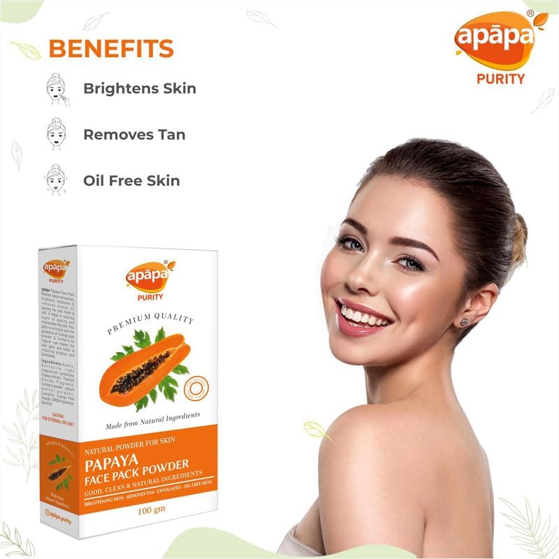 Apāpa Papaya Face Pack Powder for Oil-Free Skin, Tan Removal & Brightening - Natural Exfoliation, Clear & Nourish Skin - Pure & Vegan (100g, Pack of 2) | Perfect for Glowing Skin & Summer Tan Care