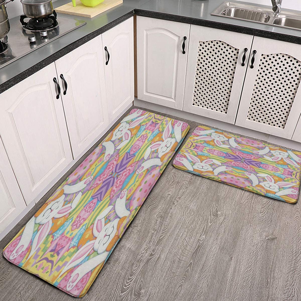 Anti-Fatigue Kitchen Mats Set - 2 Piece Cushioned Floor Mats for Kitchen, Standing Desk & Sink Area | Non-Slip Easter Bunny Design Home Decor for Hallway, Entryway & Office Use