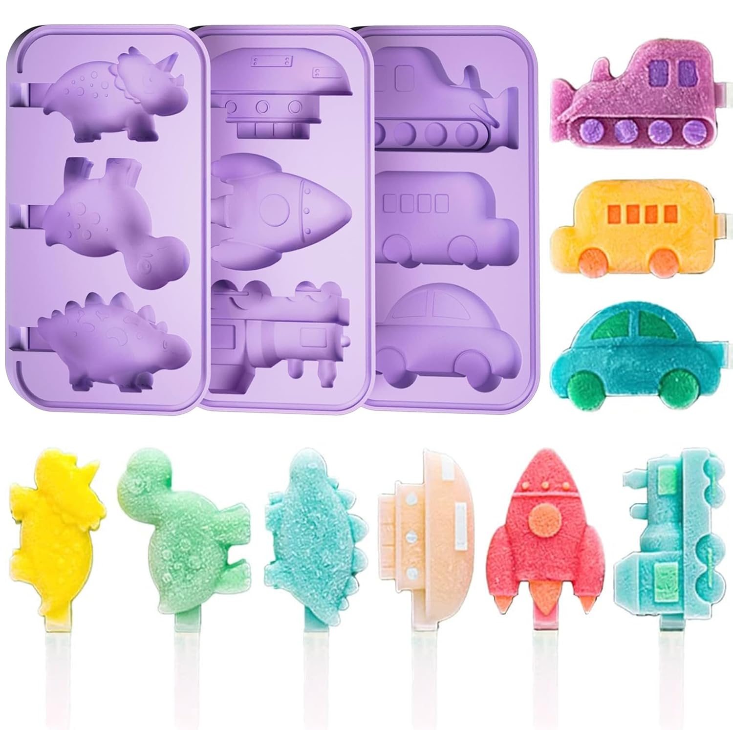 Premium Silicone Popsicle Molds Set of 3 - Dinosaur, Rocket & Car Shapes with Reusable Plastic Sticks | BPA-Free Food Grade Ice Cream Molds for Kids & Adults | Perfect for Summer Treats, Birthday Parties & Healthy Snacks (Purple)