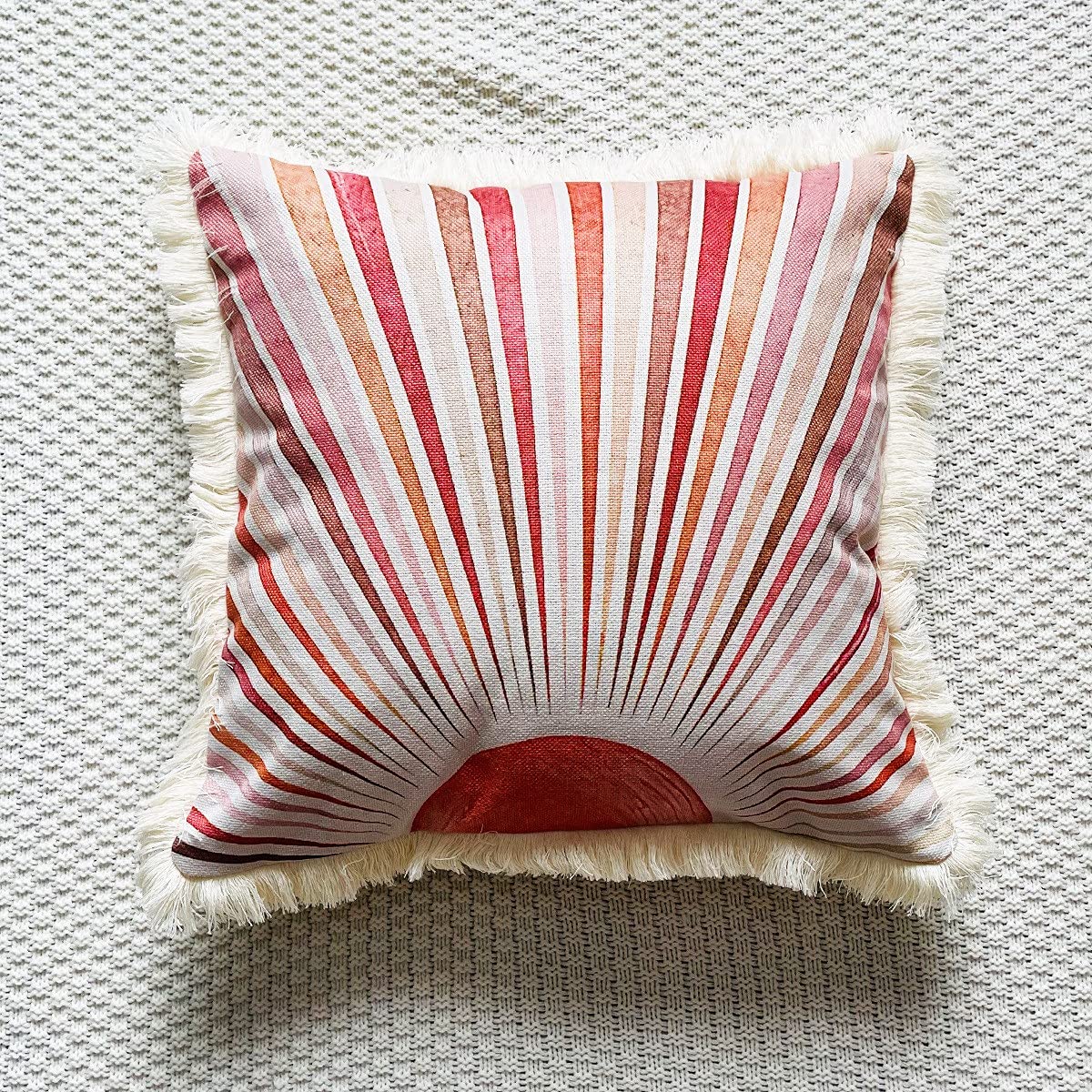 Red Sun and Sunshine Tassel Throw Pillow Covers - 18x18 Inch Bohemian Home Decor for Living Room, Sofa, Couch & Bedroom - One-Side Printed Mysterious Accent Pillow | Perfect for Boho Chic, Farmhouse & Eclectic Interior Design Styles