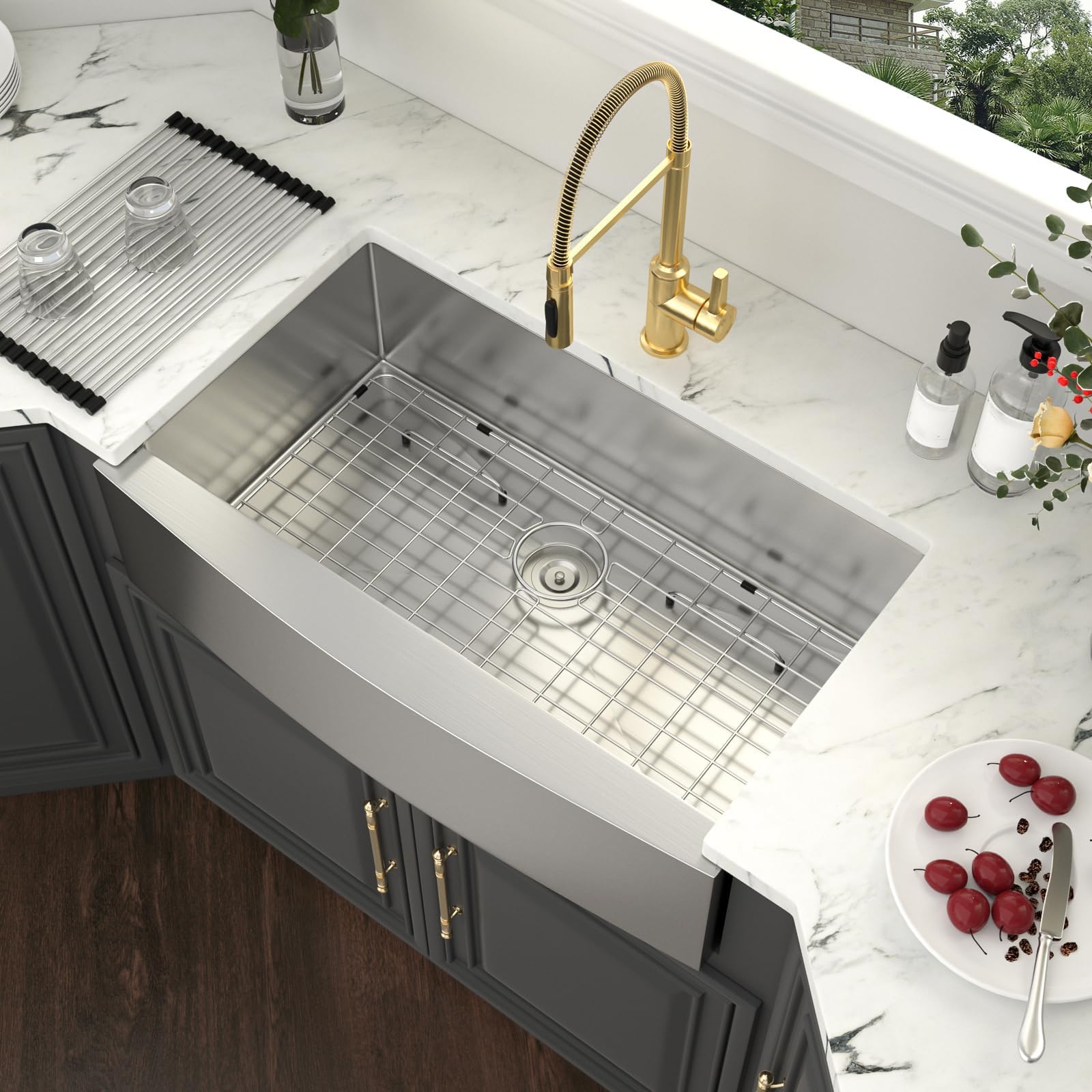 Kichae 33 Inch Farmhouse Kitchen Sink - 16 Gauge Stainless Steel Apron Front Single Bowl with Deep Basin | Handmade Farm Style Design for Rustic & Modern Kitchens | Perfect for Country Homes, Renovations & Chef Cooking Spaces