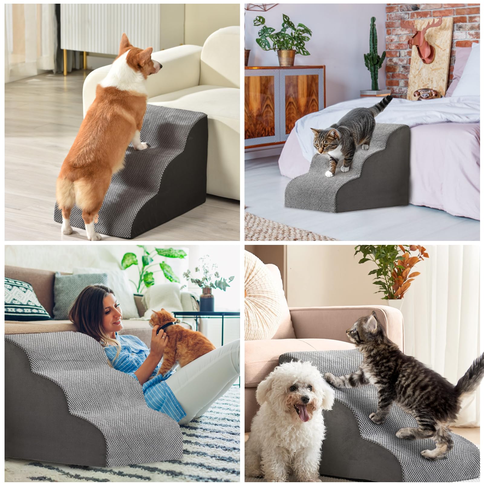 **4-Step Mity Rain Cat Stairs for Senior & Small Cats - Gentle Slope Design with Strong 3D Support - Perfect for Climbing on Beds, Chairs & Couches - Ideal for Elderly, Injured & Tiny Cats**