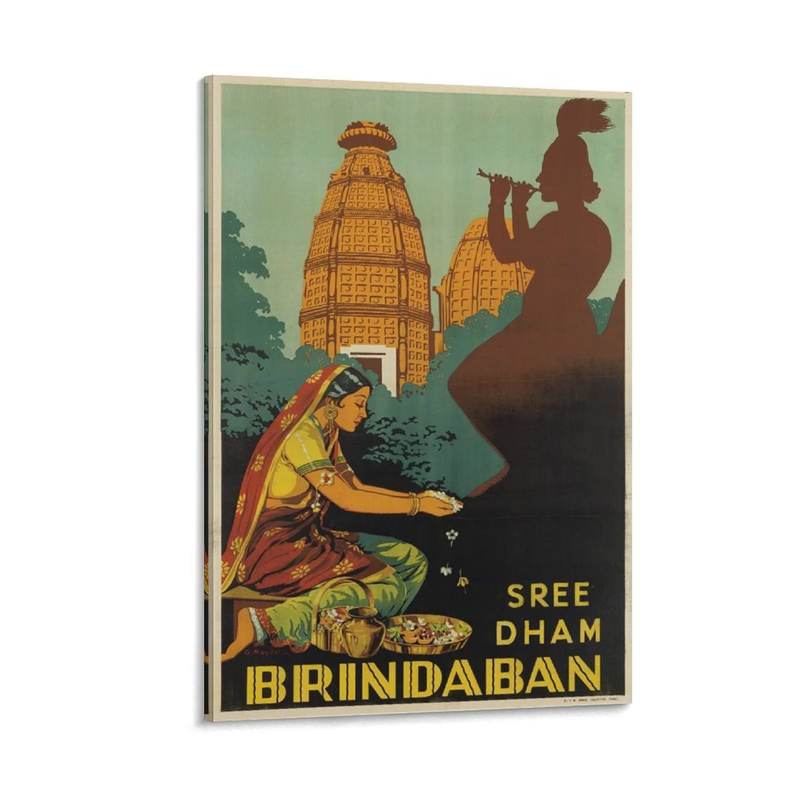 Vintage Indian Art Travel Poster - Vrindavan Brindaban Wall Decor Canvas Print for Bedroom & Living Room | Retro Style Home Decoration, Spiritual Journey Artwork, Perfect for Yoga Studios & Meditation Spaces
