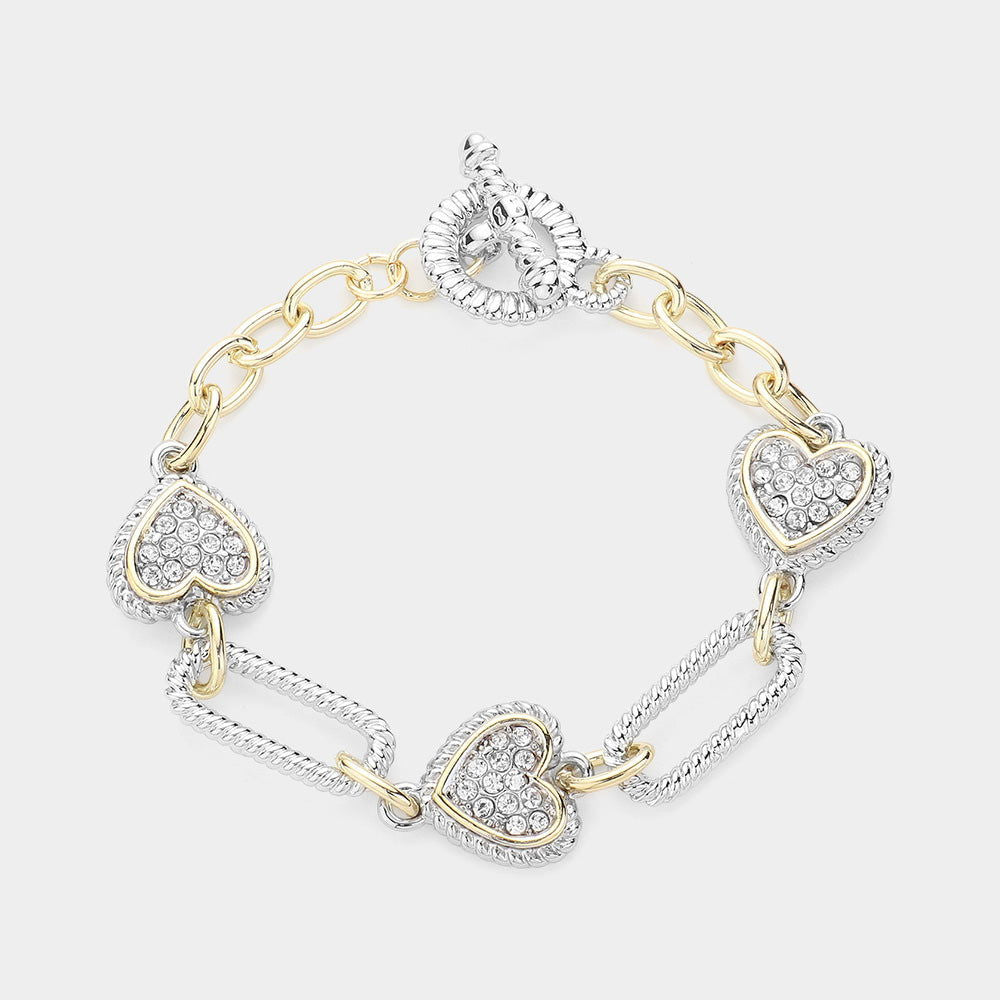 14K Gold Plated Stone Paved Heart Link Bracelet - Elegant Jewelry for Women, Gift for Her, Valentine's Day, Anniversary & Special Occasions