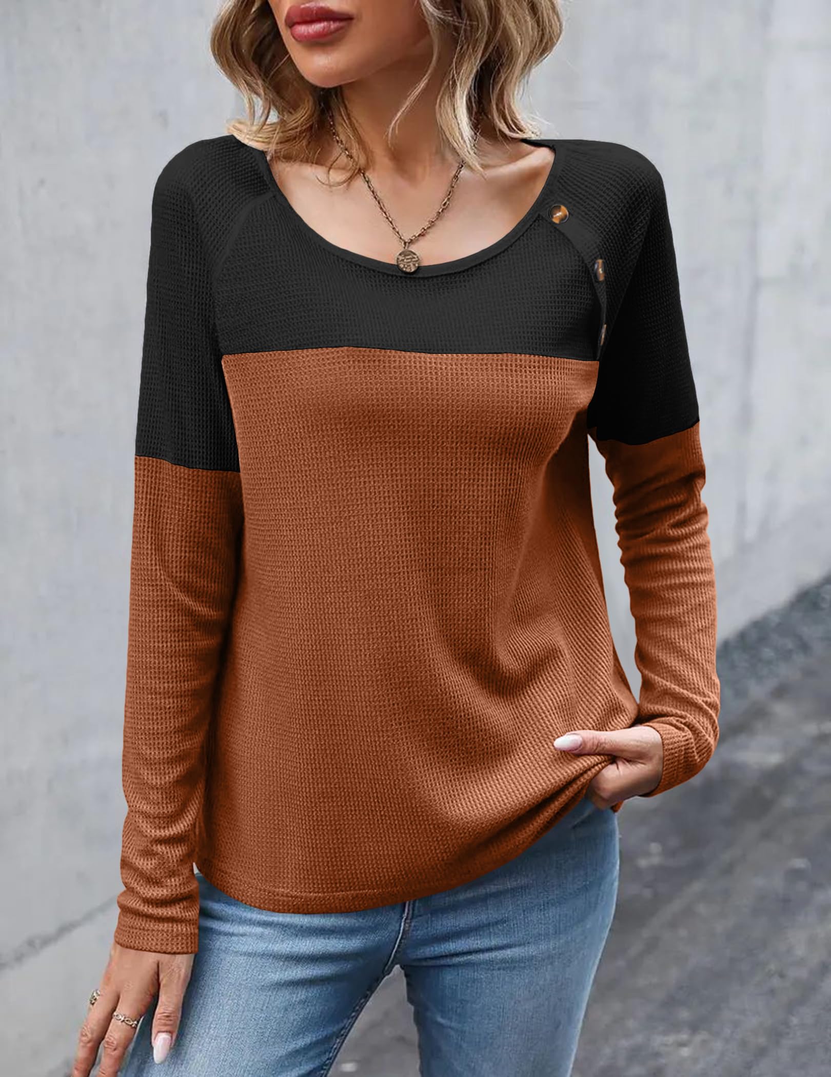 Zeagoo Women's Long Sleeve Waffle Knit Colorblock Tunic Top with Button Detail - Casual Fall Layering Shirt for Work, Date Night & Weekend Outfits
