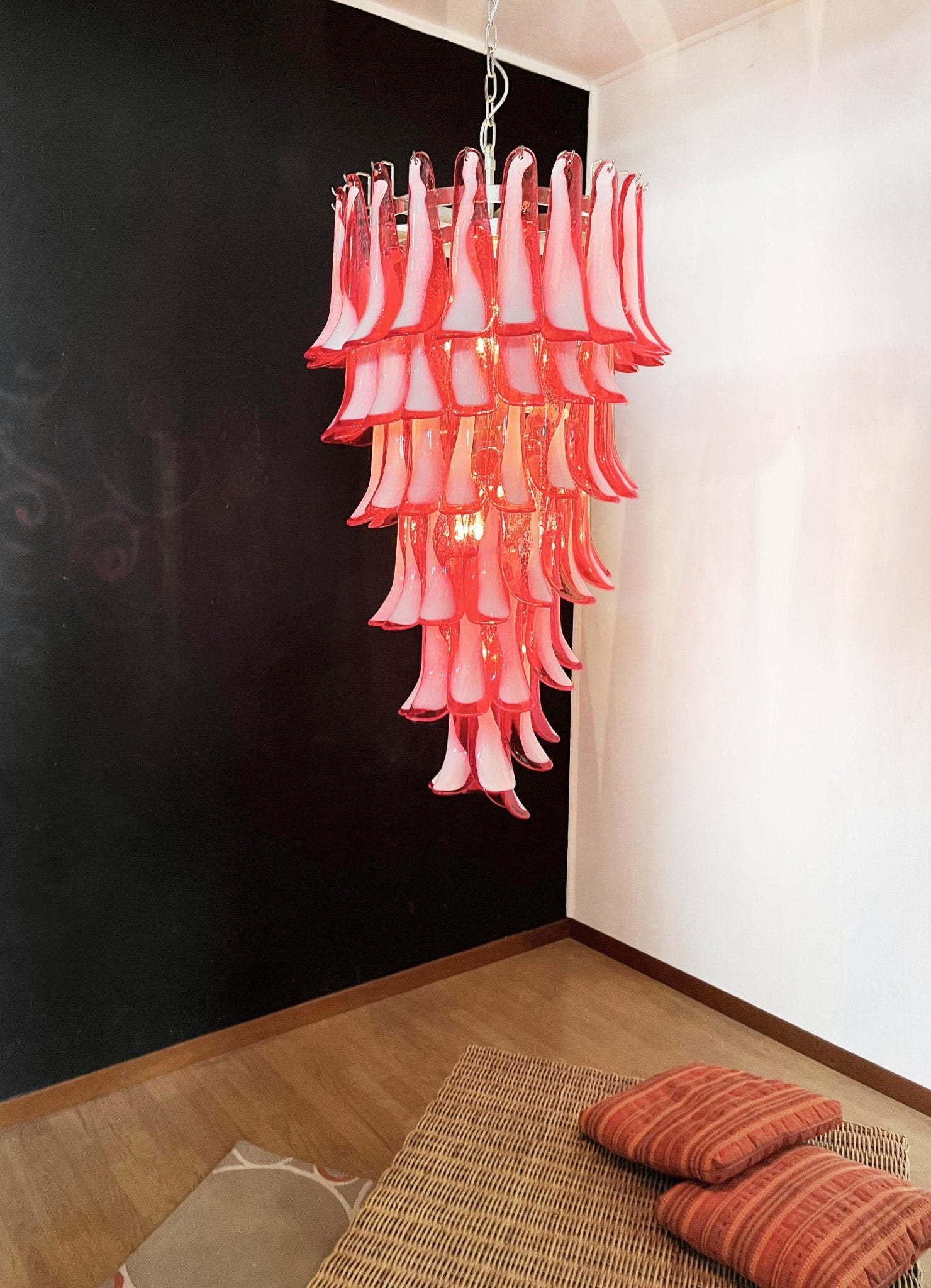 Murano Glass Red Petals Spiral Chandelier - Elegant Venetian Crystal Ceiling Light Fixture for Dining Room, Living Room & Bedroom Decor