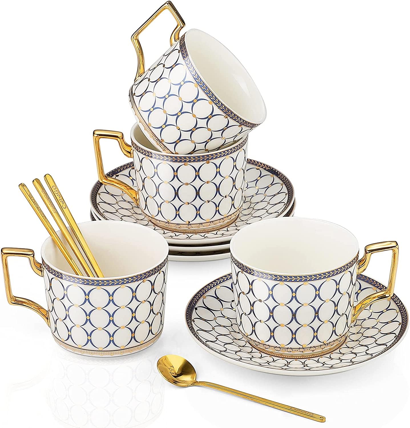Elegant European Style Ceramic Coffee Cup and Saucer Set - 7 Oz Bone China Tea Cup with Blue Gold Glaze, Includes Golden Spoon - Perfect for Cappuccino, Latte & Tea - Ideal Women's Gift (4-Pack Set) - Great for Home, Office, Cafe or Romantic Gifts