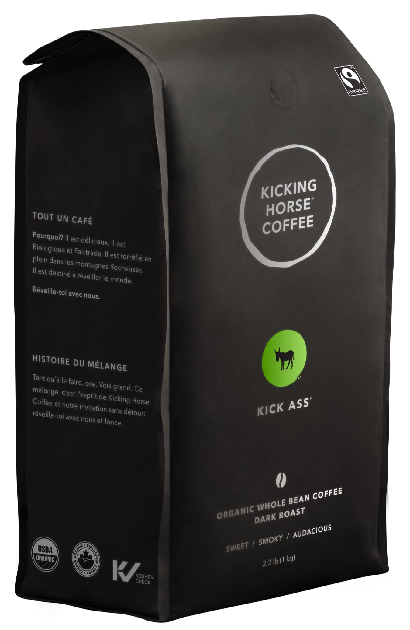 Kicking Horse Coffee Kick Ass Dark Roast Whole Bean - Certified Organic, Fair Trade, Kosher, 1 Kg (Pack of 6) - Bold & Smooth Flavor for Home Brewing, Office Use & Gifts