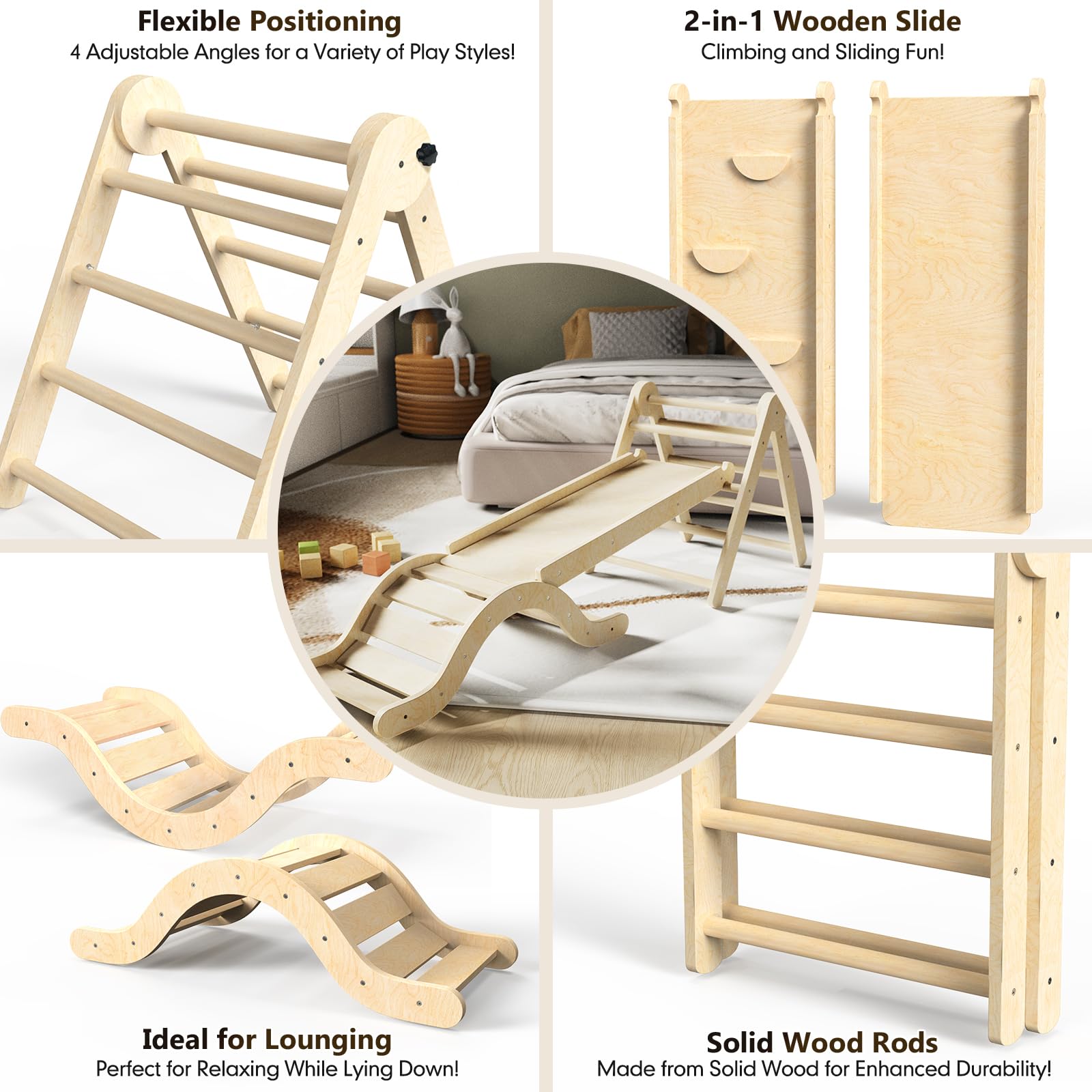 7-in-1 Foldable Wooden Pikler Triangle Climbing Set for Toddlers 1-3 Years - Indoor Jungle Gym with Arch, Ramp, Ladder & Play Mat - Perfect for Montessori Learning, Gross Motor Skills Development & Safe Home Play