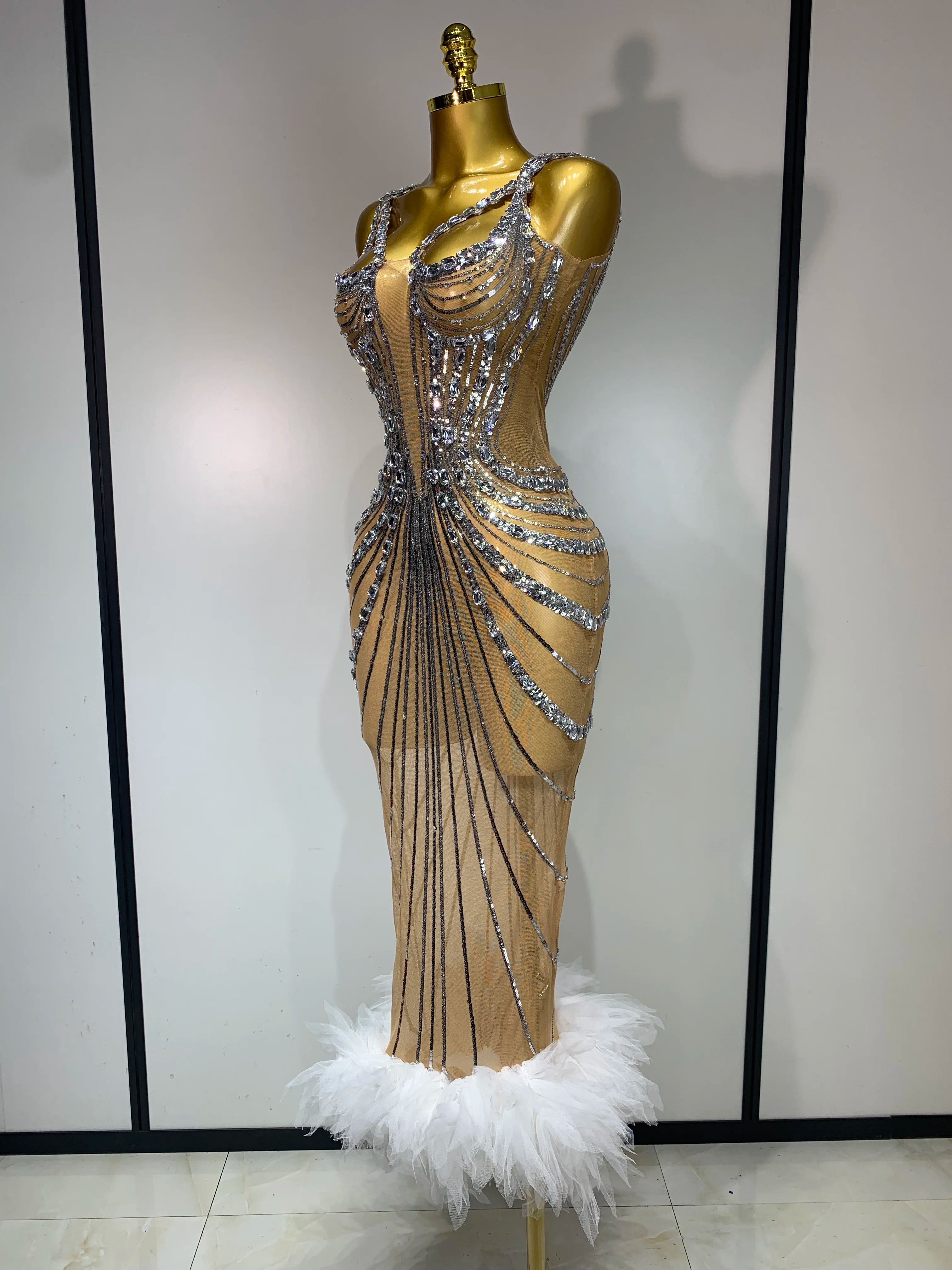 2025 Women's Luxury Rhinestone Mesh Long Dress - Sexy See-Through White Prom Gown for Birthday Party, Nightclub & Singer Performances | Elegant Evening Wear & Special Occasion Outfit