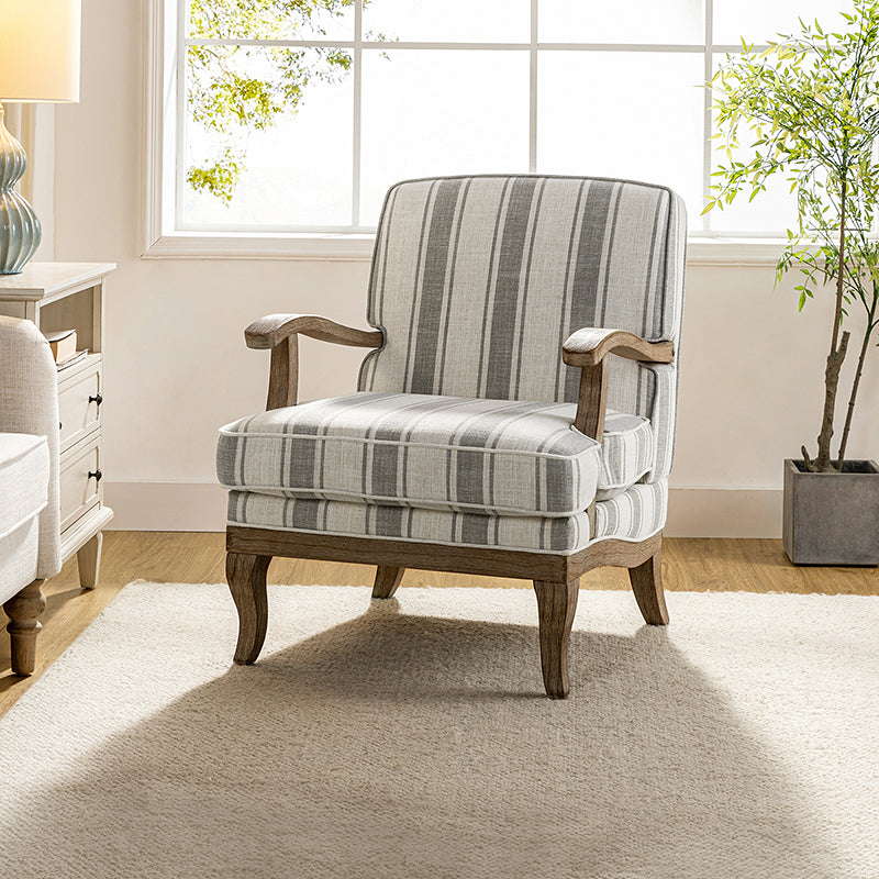 Randolph Romantic Upholstered Stripes Armchair with Solid Wood Armrests - Comfortable Living Room Accent Chair for Home Decor & Relaxation