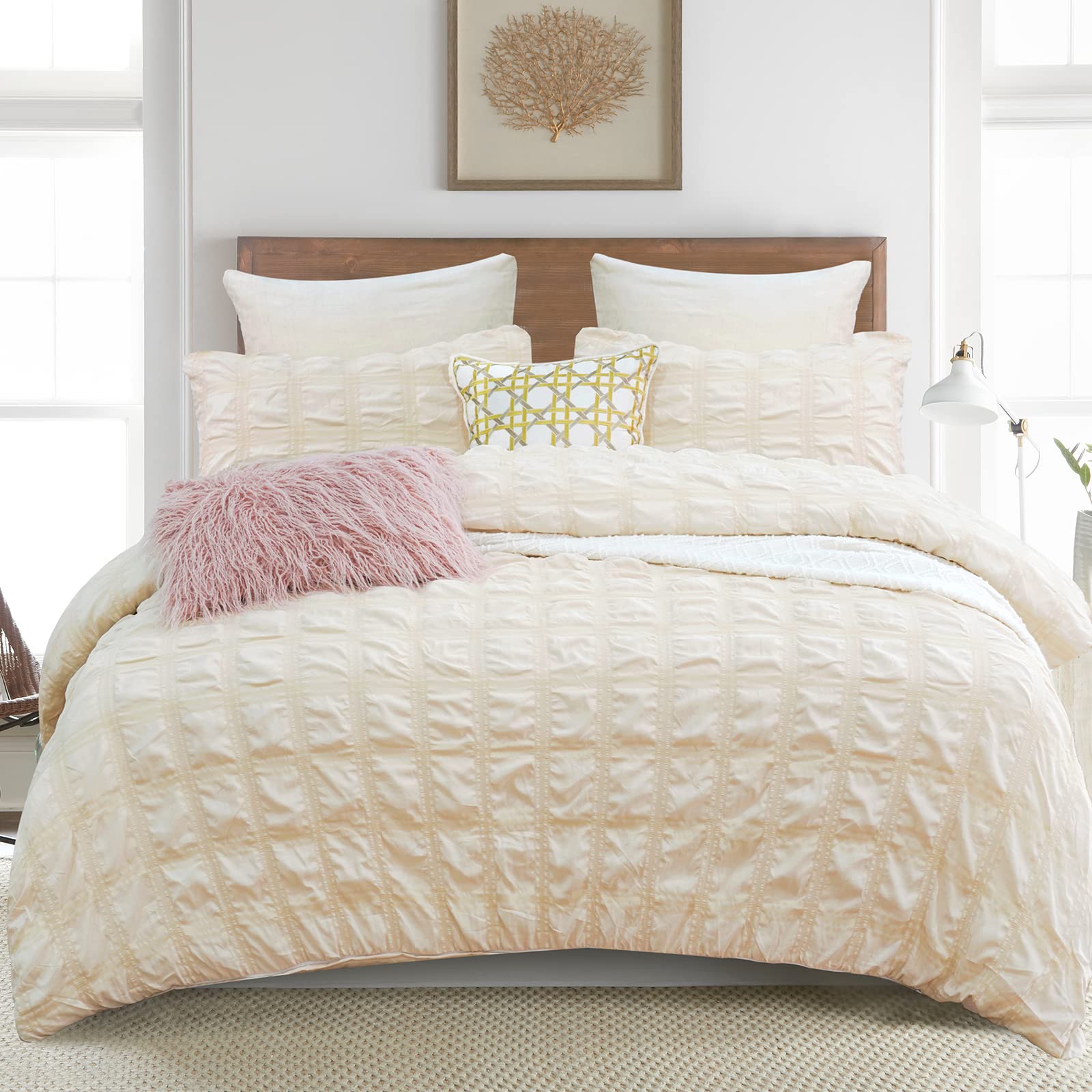 PHF Washed Soft King Size Duvet Cover Set - 3PCS Microfiber Seersucker Comforter Cover with Pillow Shams - Ultra Soft & Breathable Bedding Collection - 104