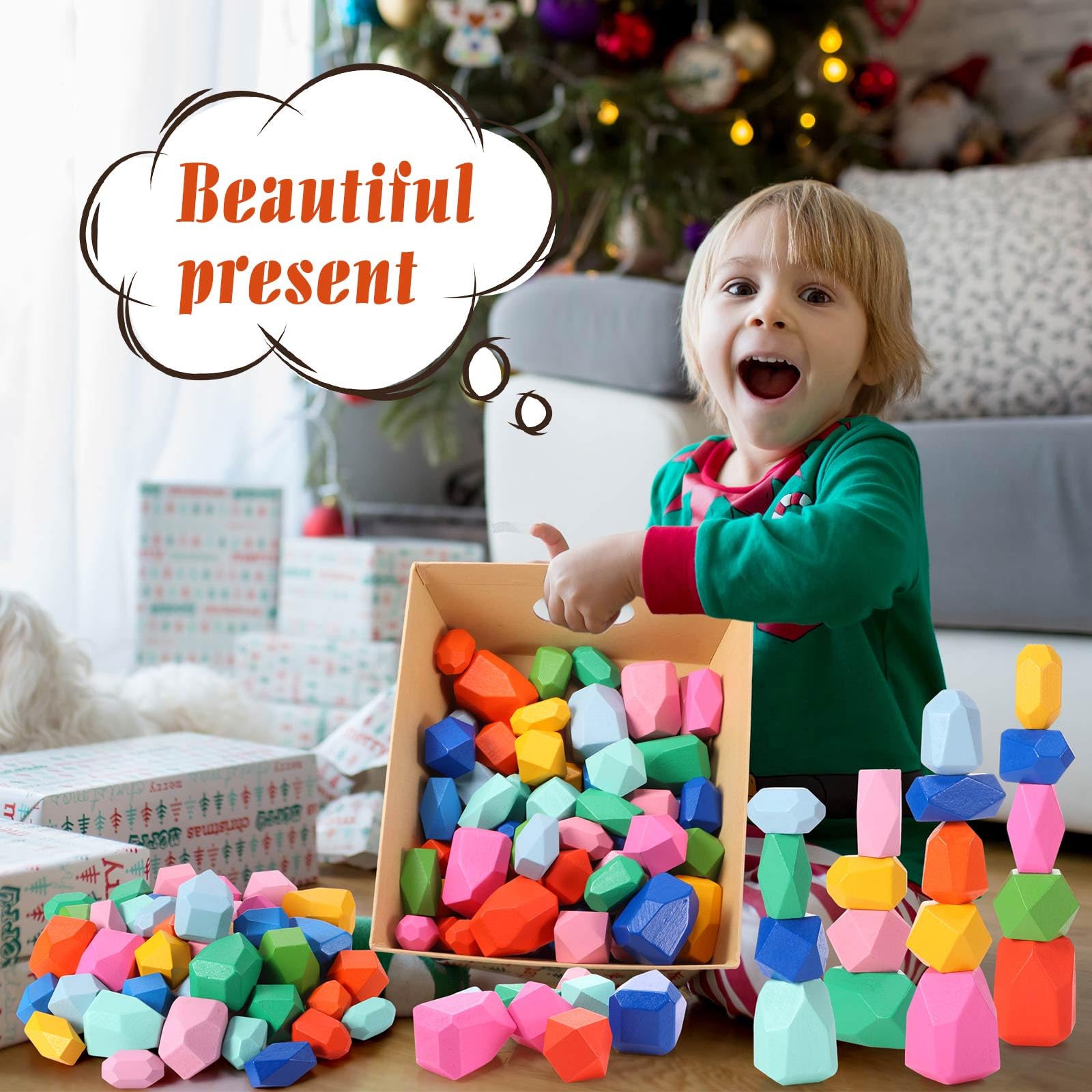 Jenaai 60pcs Wooden Stacking Rocks - Montessori Toys for Toddlers 1+ | Sensory Learning & Easter Gifts