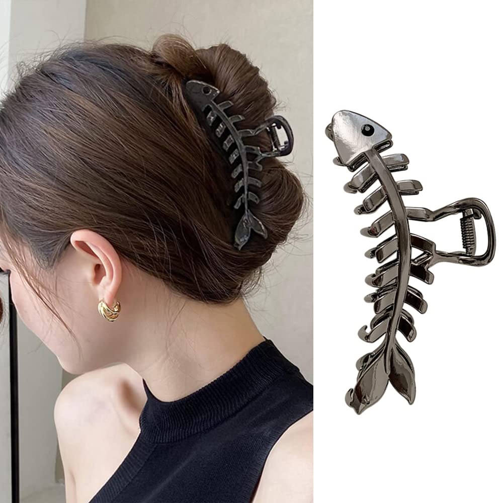 BELSITA Large Metal Fish Bone Hair Clip - 1PCS Black Non-Slip Hair Jaw Clamp with Gold Finish | Fashion Hair Accessories for Women with Thick or Thin Hair | Perfect for Parties, Weddings & Everyday Styling