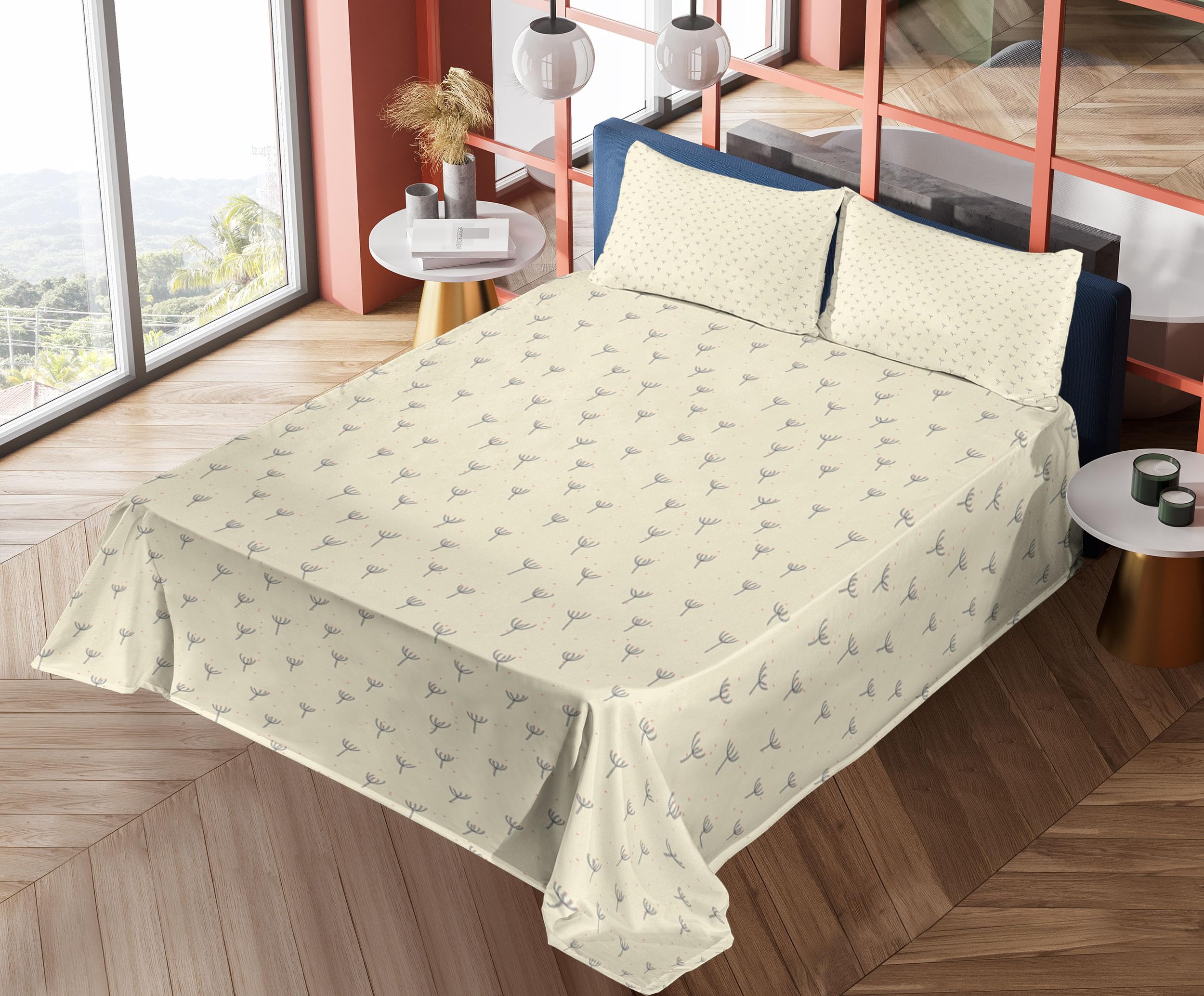 Ambesonne Floral King Sheet Set - 4 Piece Bedding with Pastel Flowers, Cream Coral & Grey - Fitted Sheet, Flat Sheet & Pillowcases - Spring Pollination Design - Perfect for Master Bedroom, Guest Room & Cozy Home Decor