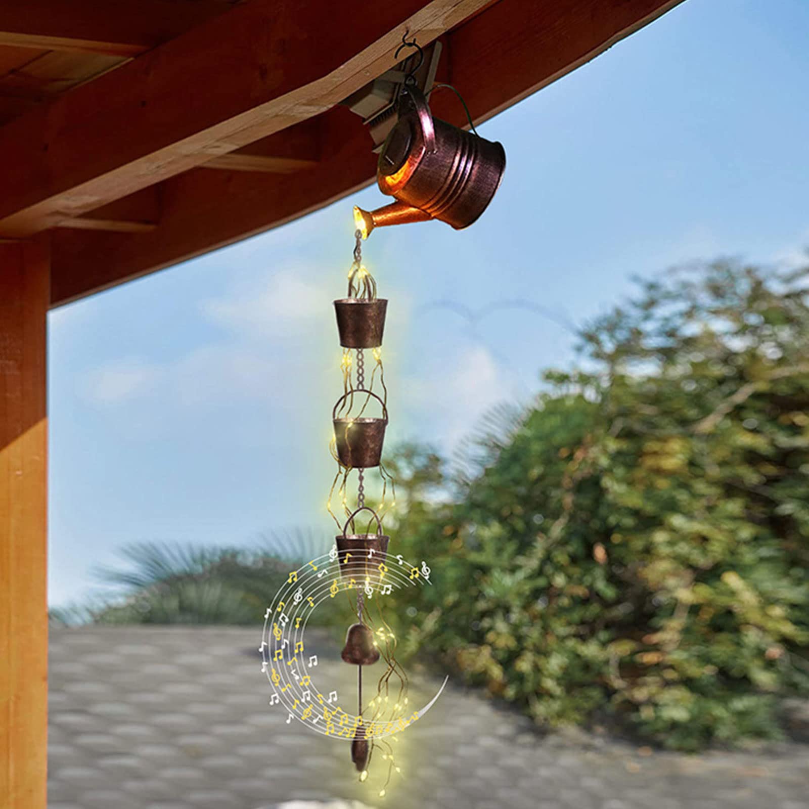 YHNJI Solar Watering Can Lights - Outdoor Hanging Solar Lantern with Wind Chime & LED Waterfall Effect | Weatherproof Garden Decor for Patio, Yard, and Landscape Lighting